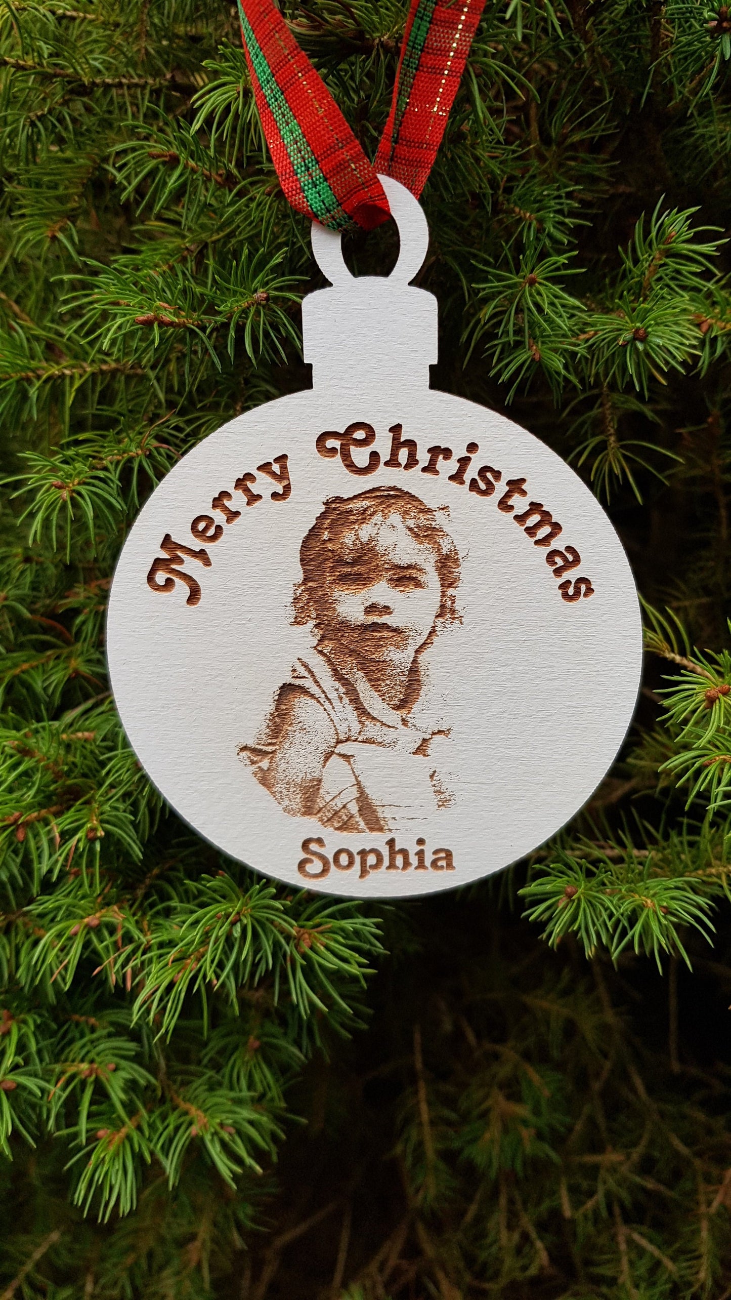 Personalized wooden bauble photo engraved any name laser cut first Christmas ornament gift
