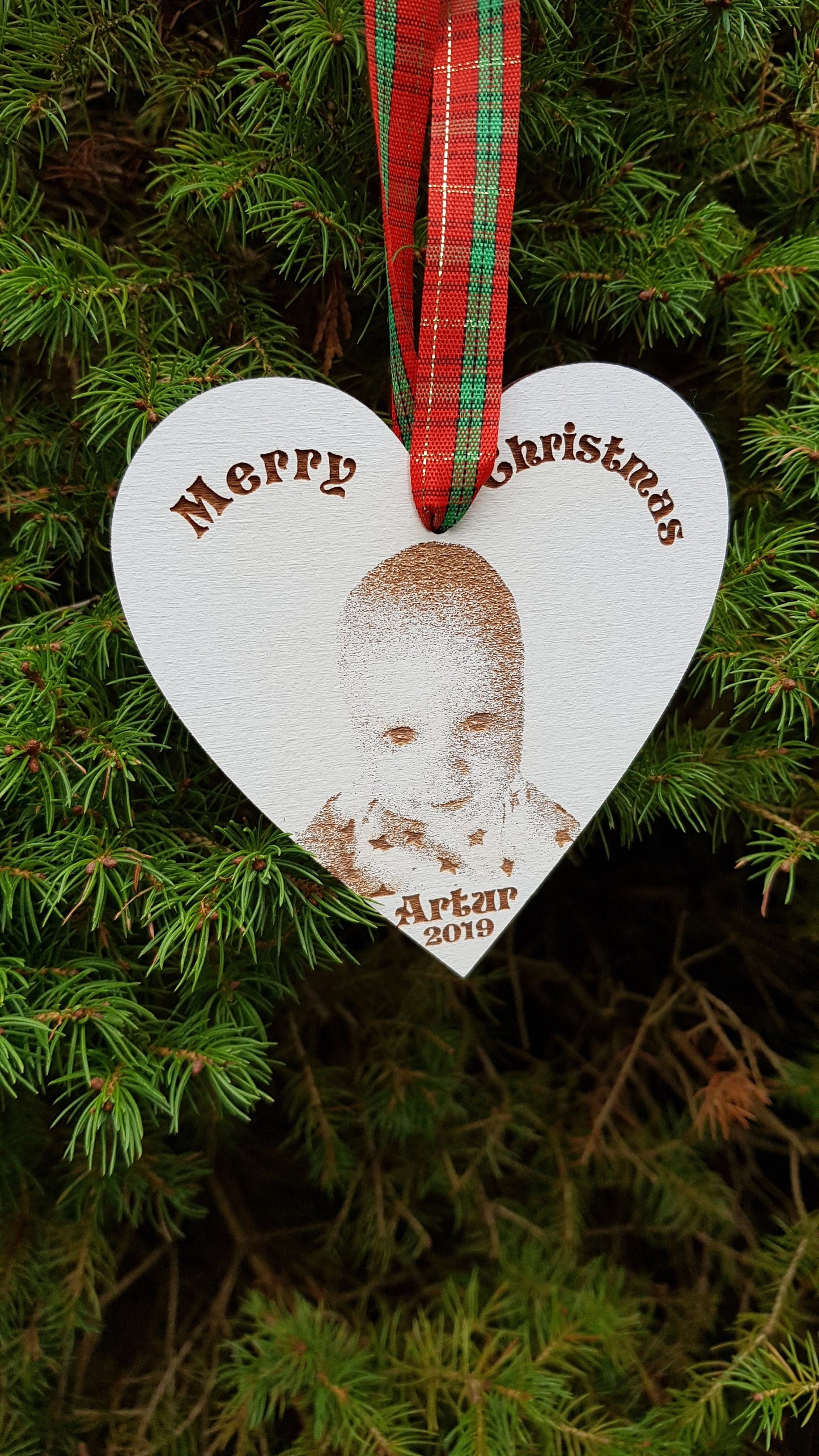 Personalized wooden bauble photo engraved any name laser cut first Christmas ornament gift