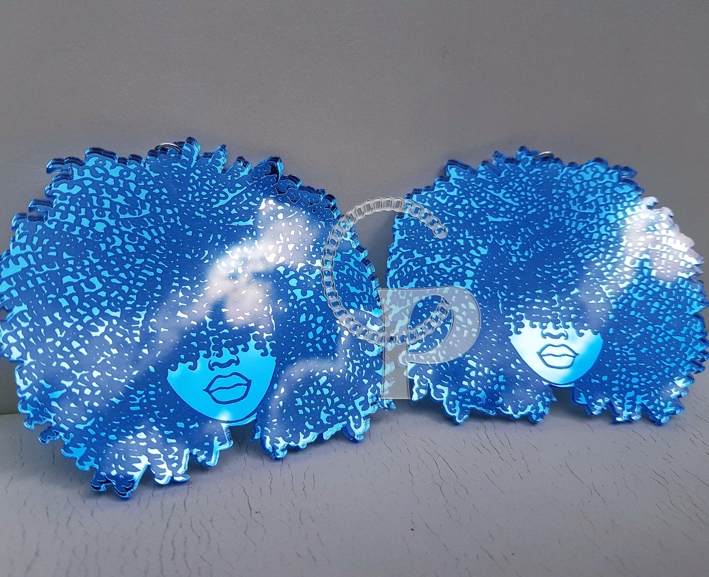 African earrings mirror Afro silhouette woman acrylic engraved natural hair coils pink, blue, green