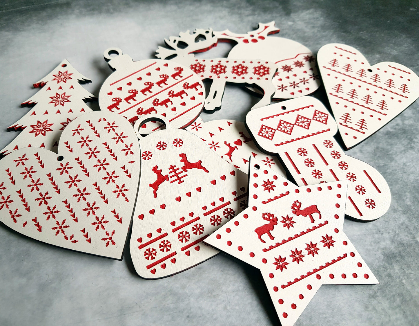 Wooden Christmas ornaments Nordic Scandi pattern hand painted wood crafts decoration 10 pieces wood laser cut
