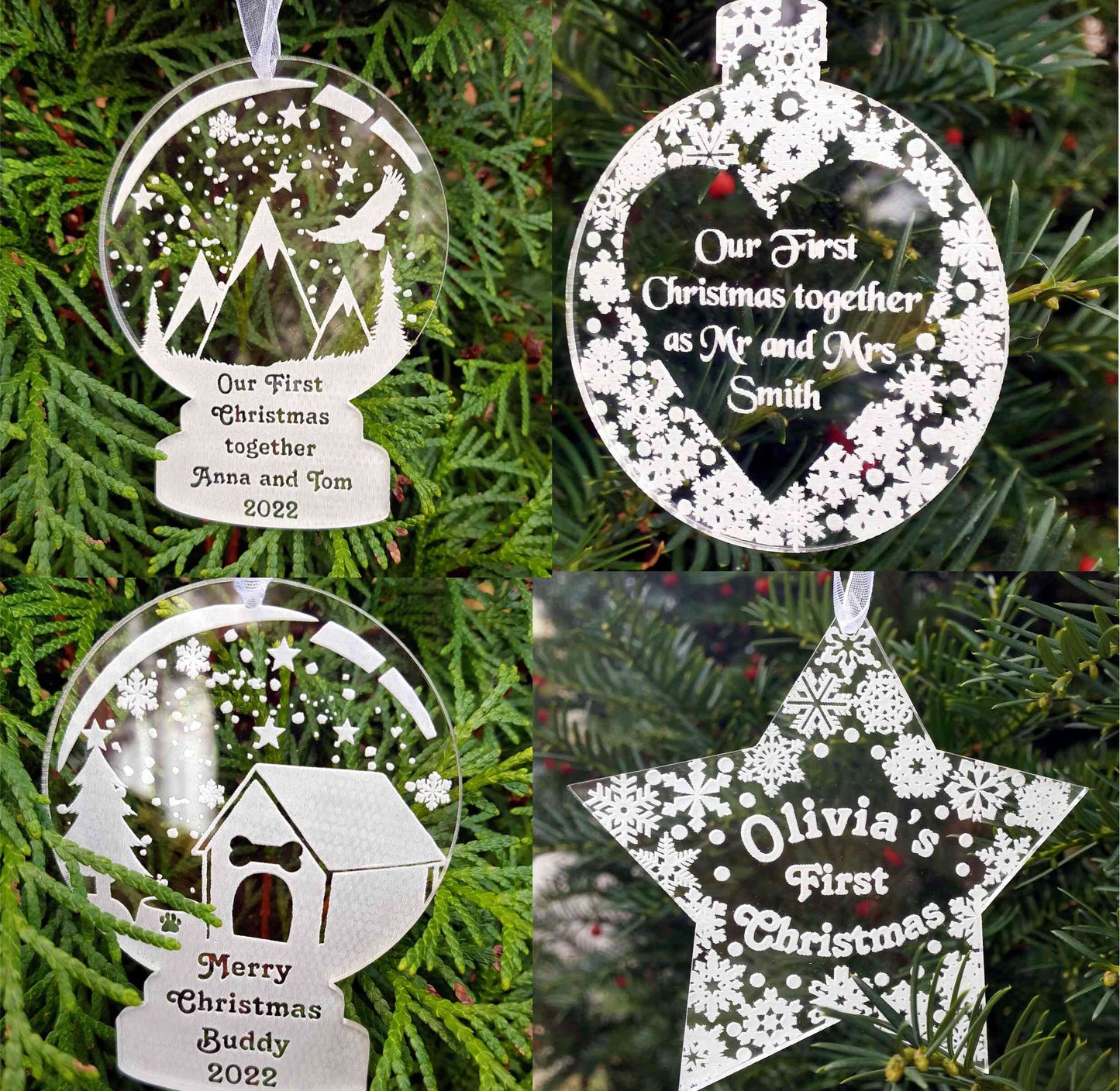 4 snowflake ornaments personalized clear acrylic name bauble