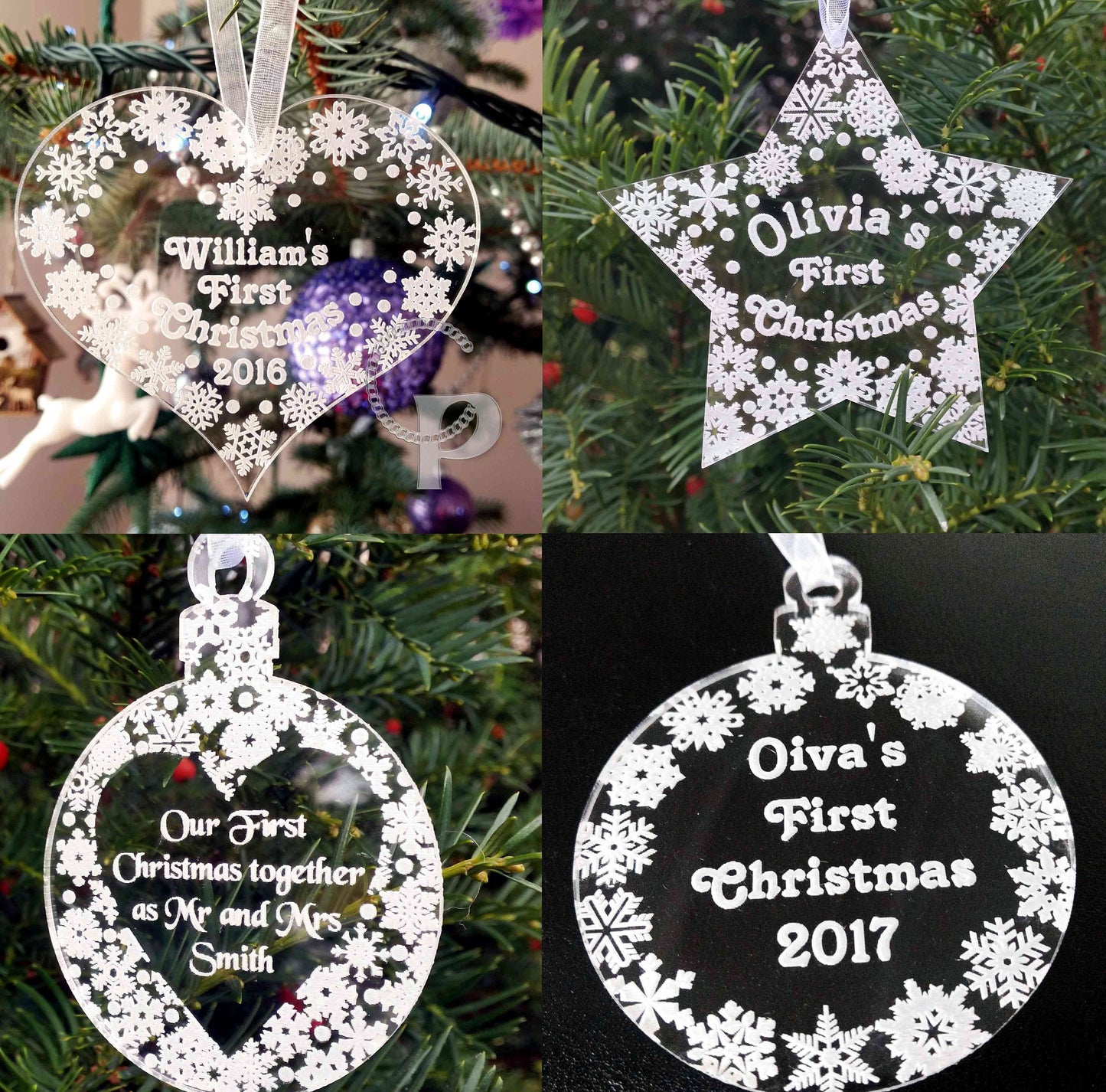 First Christmas ornament personalized acrylic bauble with custom message star, heart, snowflakes
