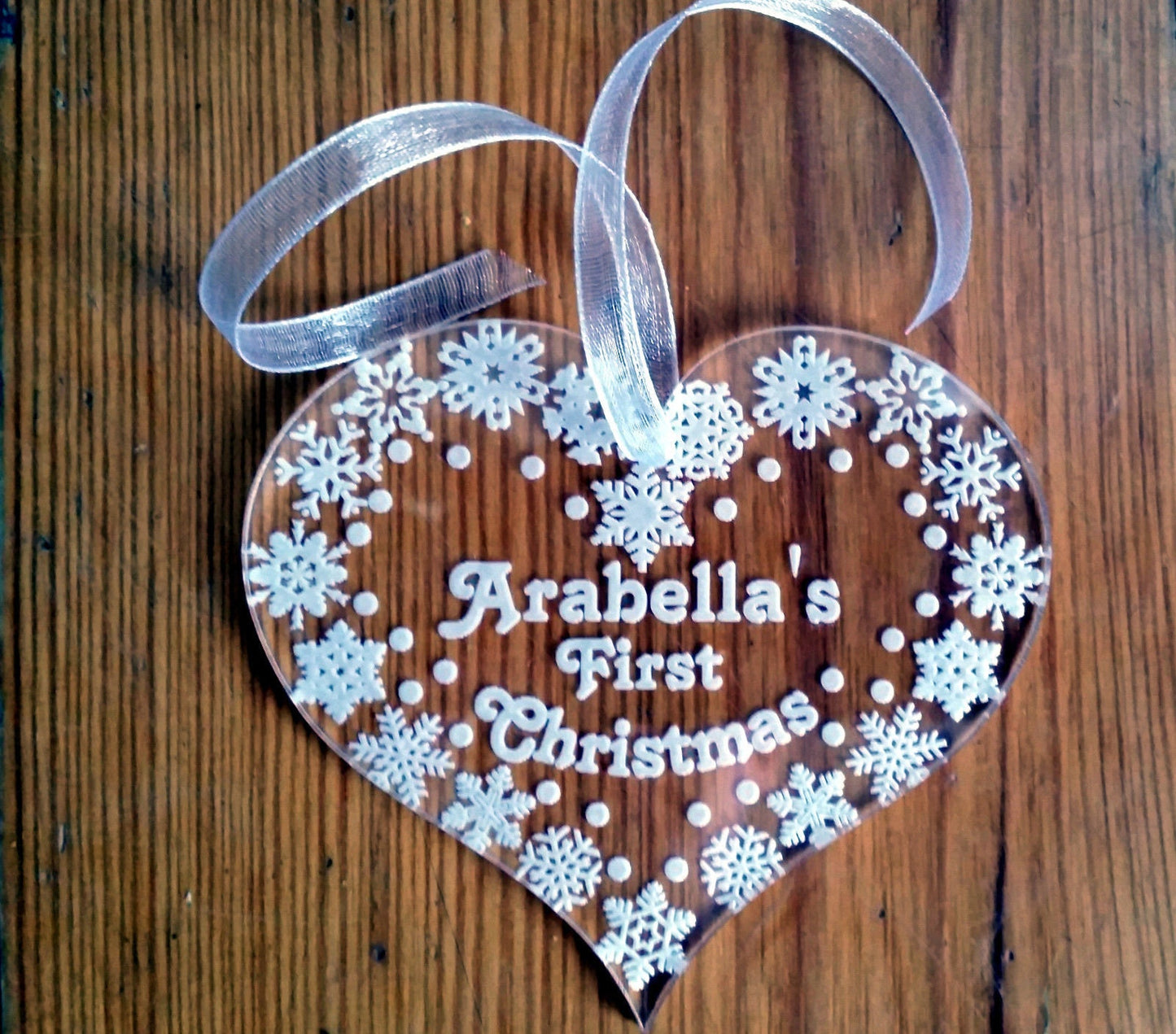 First Christmas ornament personalized acrylic bauble with custom message star, heart, snowflakes