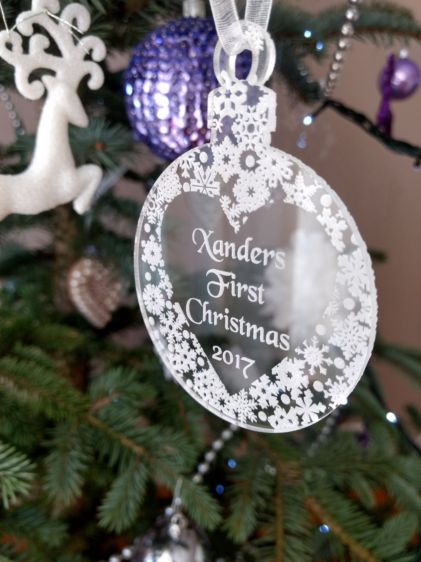 First Christmas ornament personalized acrylic bauble with custom message star, heart, snowflakes