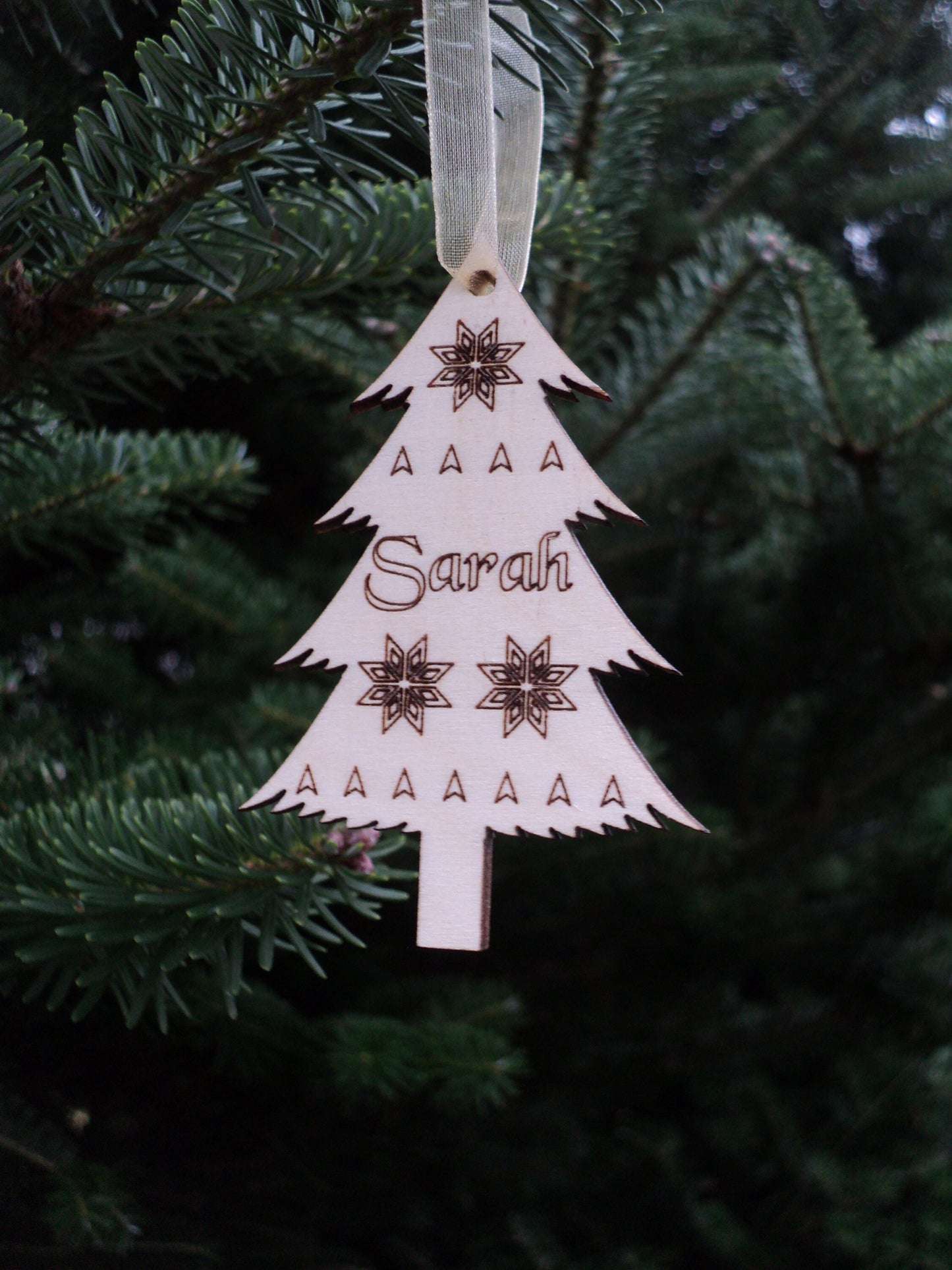 Wooden Christmas ornaments with names Nordic Scandi simple natural wood 10 pieces engraved
