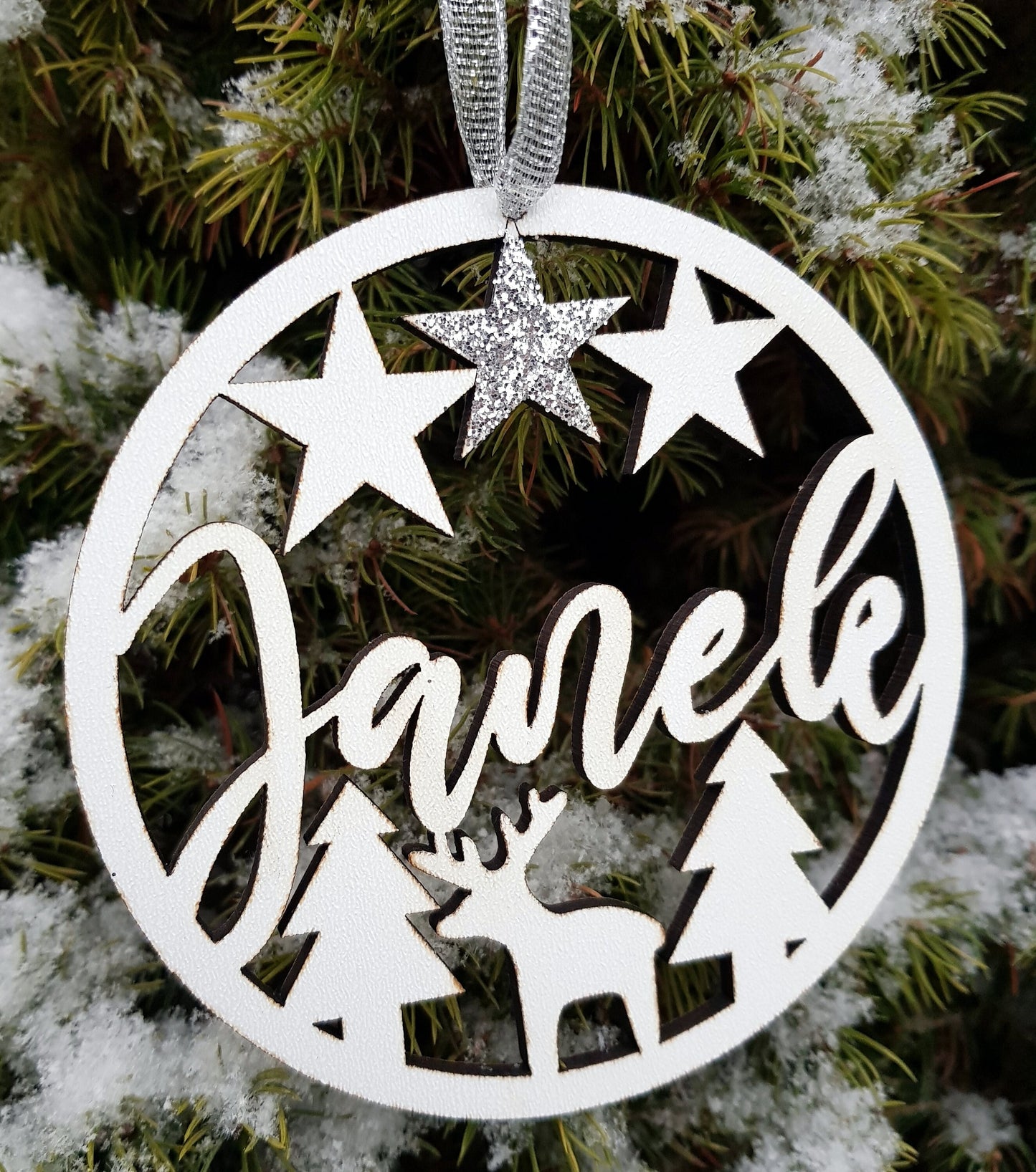 Personalized wooden bauble with any name laser cut first Christmas ornament gift pastel colors
