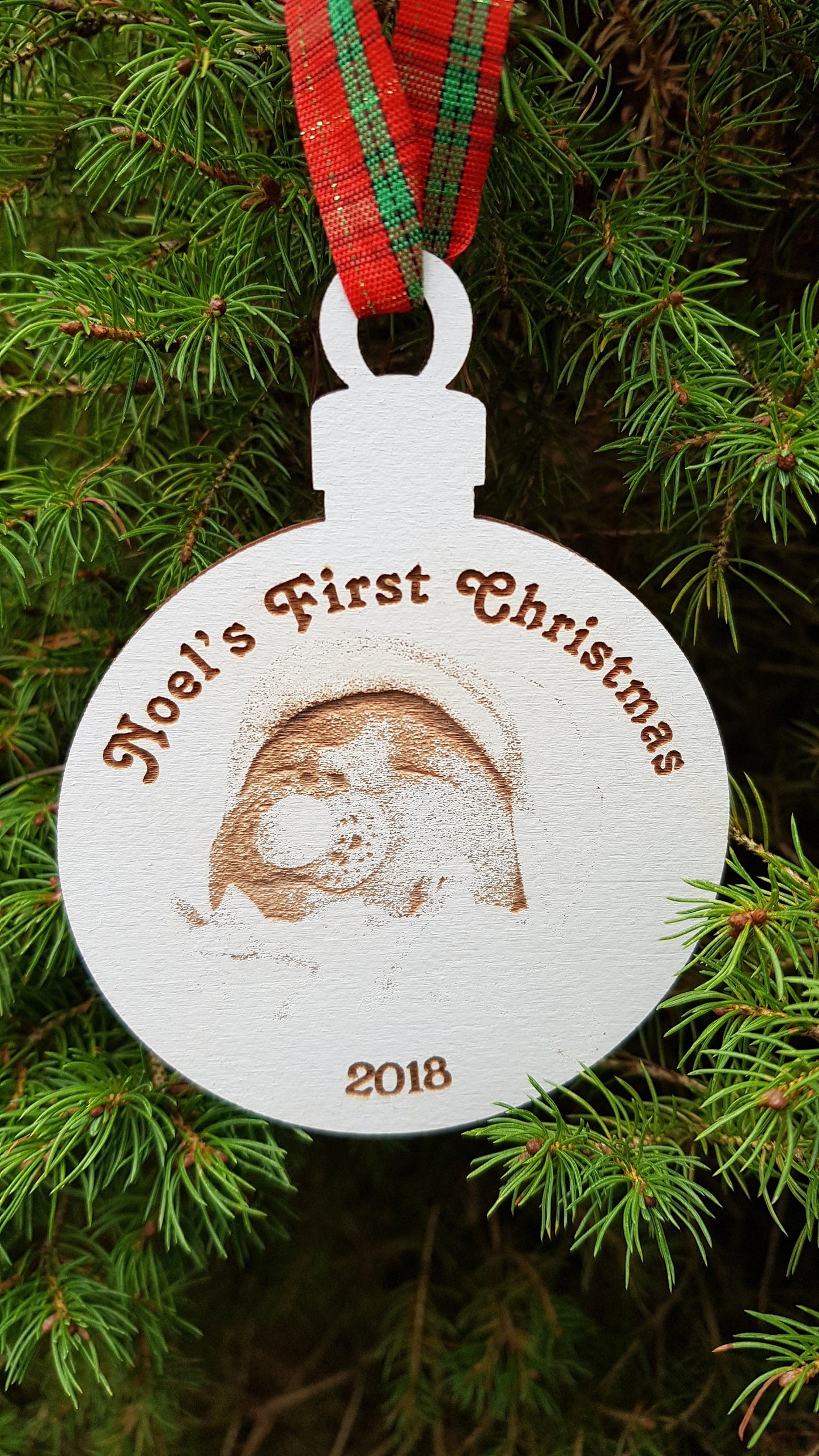 Personalized wooden bauble photo engraved any name laser cut first Christmas ornament gift