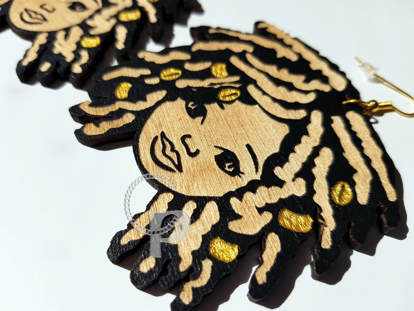 African wooden earrings Afro woman girl silhouette jewlery engraved natural hair locs black and gold