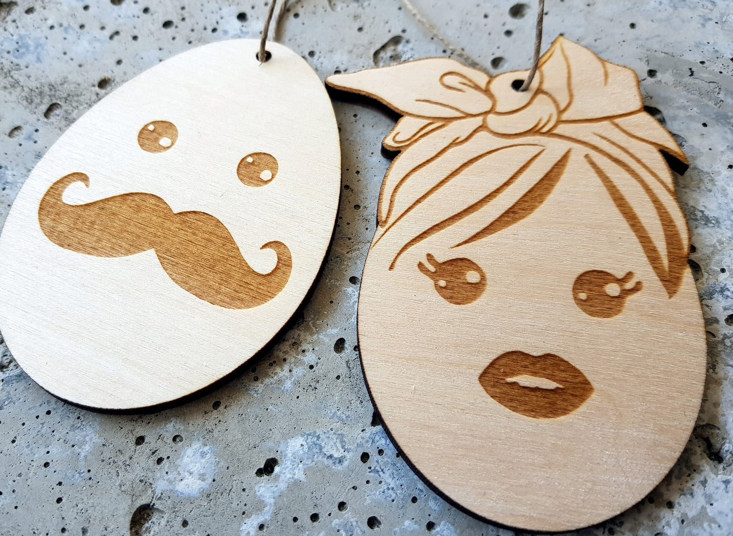 Funny wooden Easter ornaments gift for a couple wood mustache egg shapes spring decor