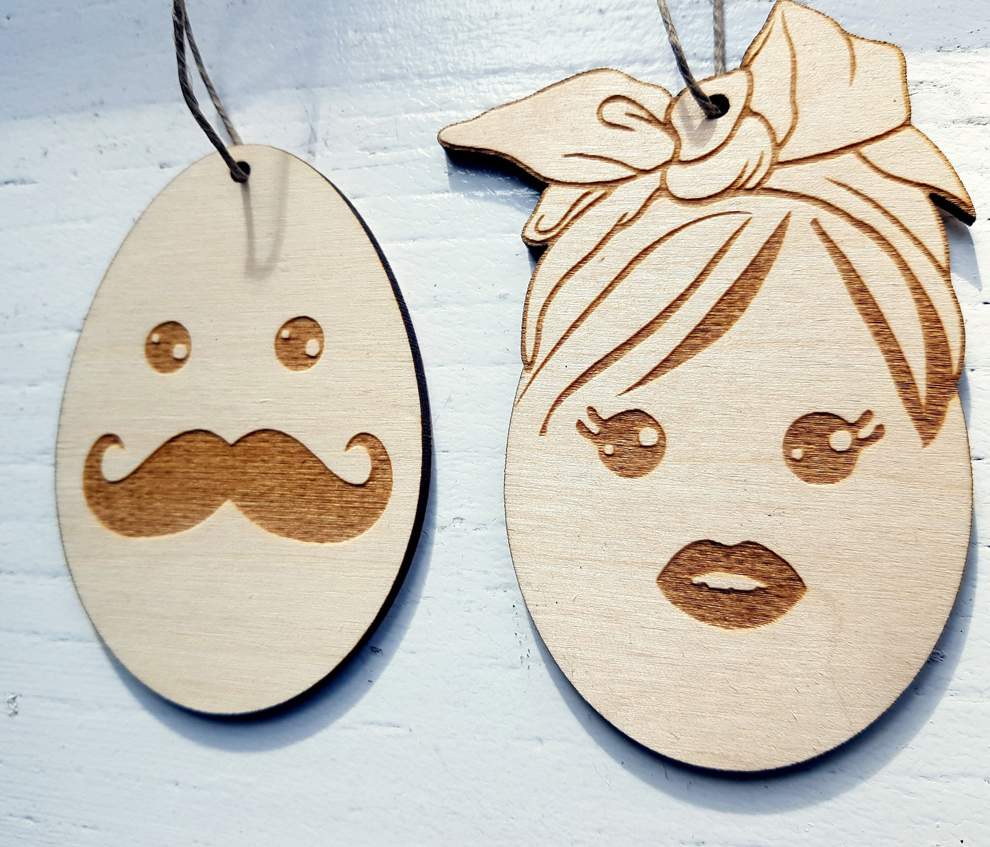 Funny wooden Easter ornaments gift for a couple wood mustache egg shapes spring decor