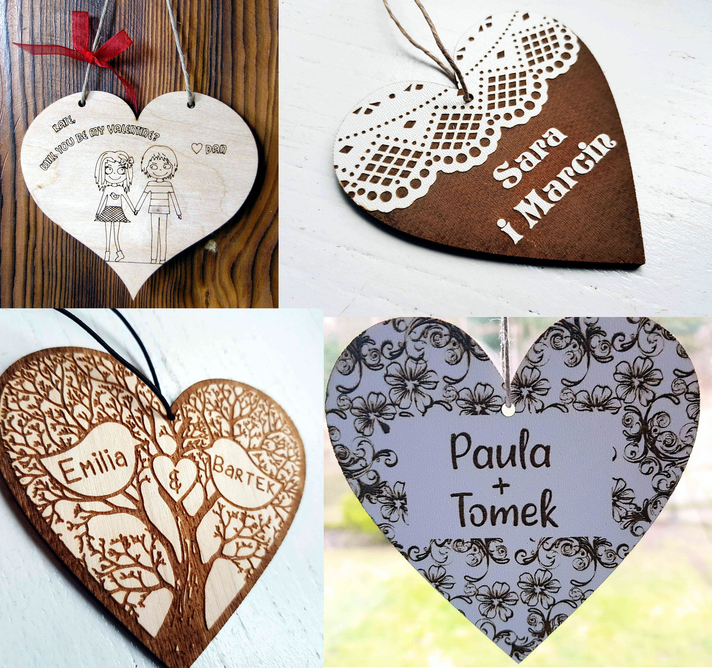Wooden heart ornament personalized decoration Valentines Day decor gift