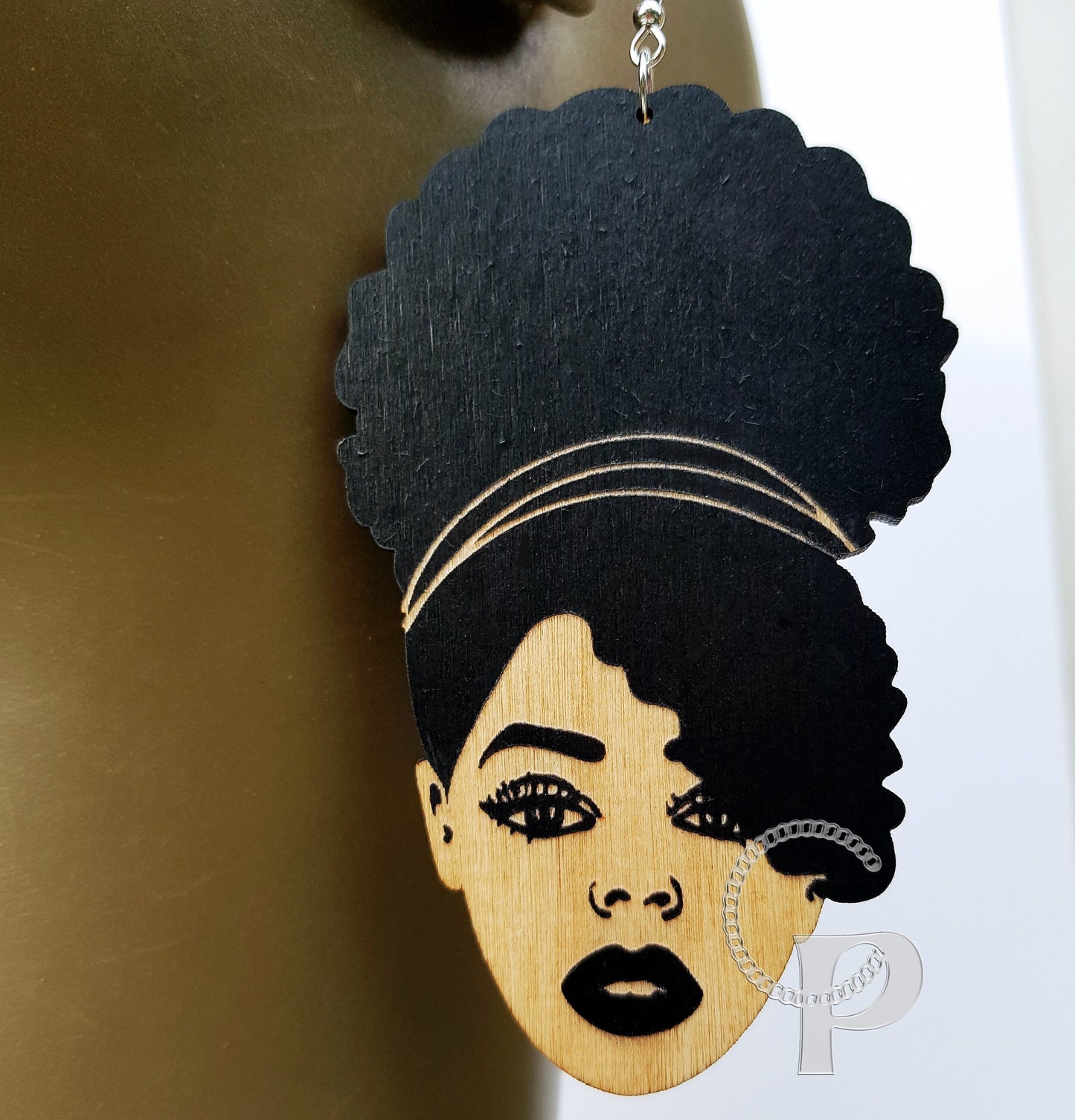 African earrings wood Afro puff style black girl with natural hair hand painted oversized jewelry big ethnic earrings in black