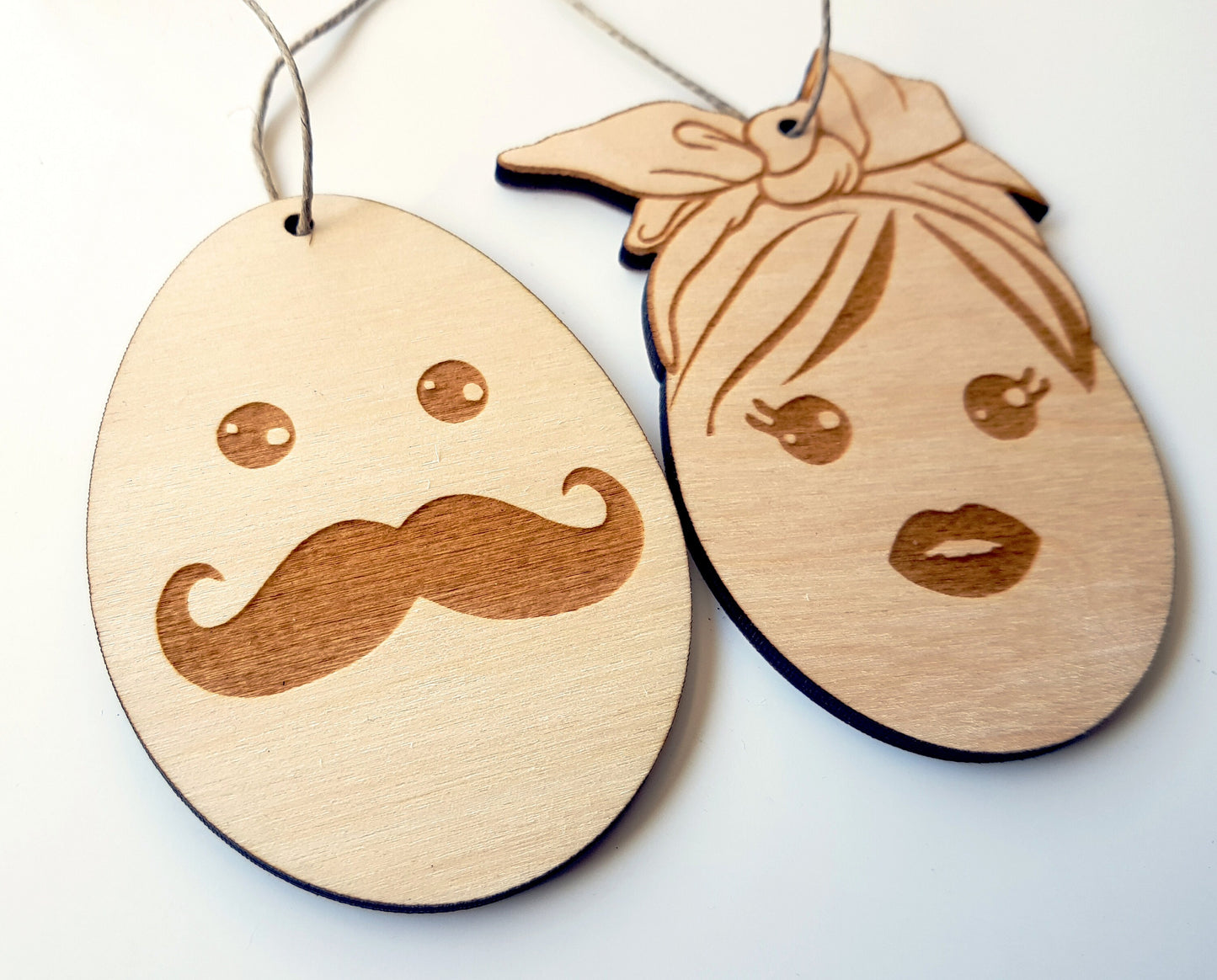 Funny wooden Easter ornaments gift for a couple wood mustache egg shapes spring decor