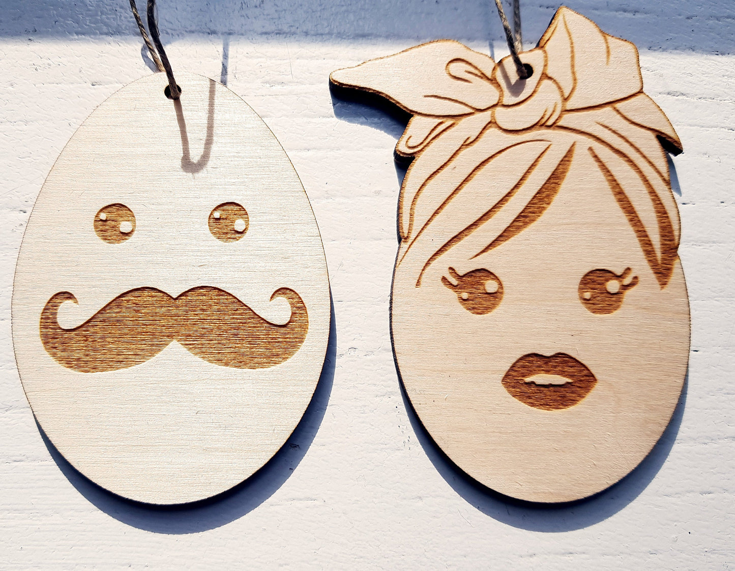 Funny wooden Easter ornaments gift for a couple wood mustache egg shapes spring decor