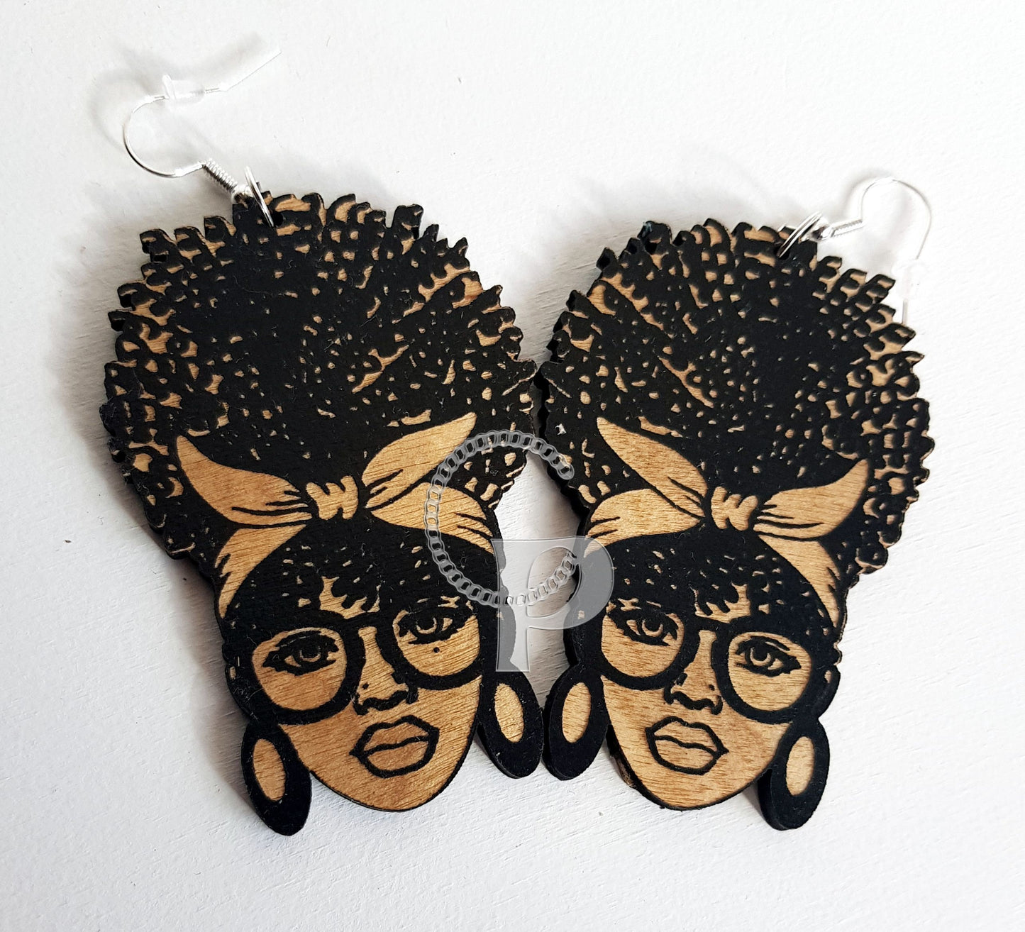African wooden earrings Afro woman puff silhouette engraved natural hair coils glasses black