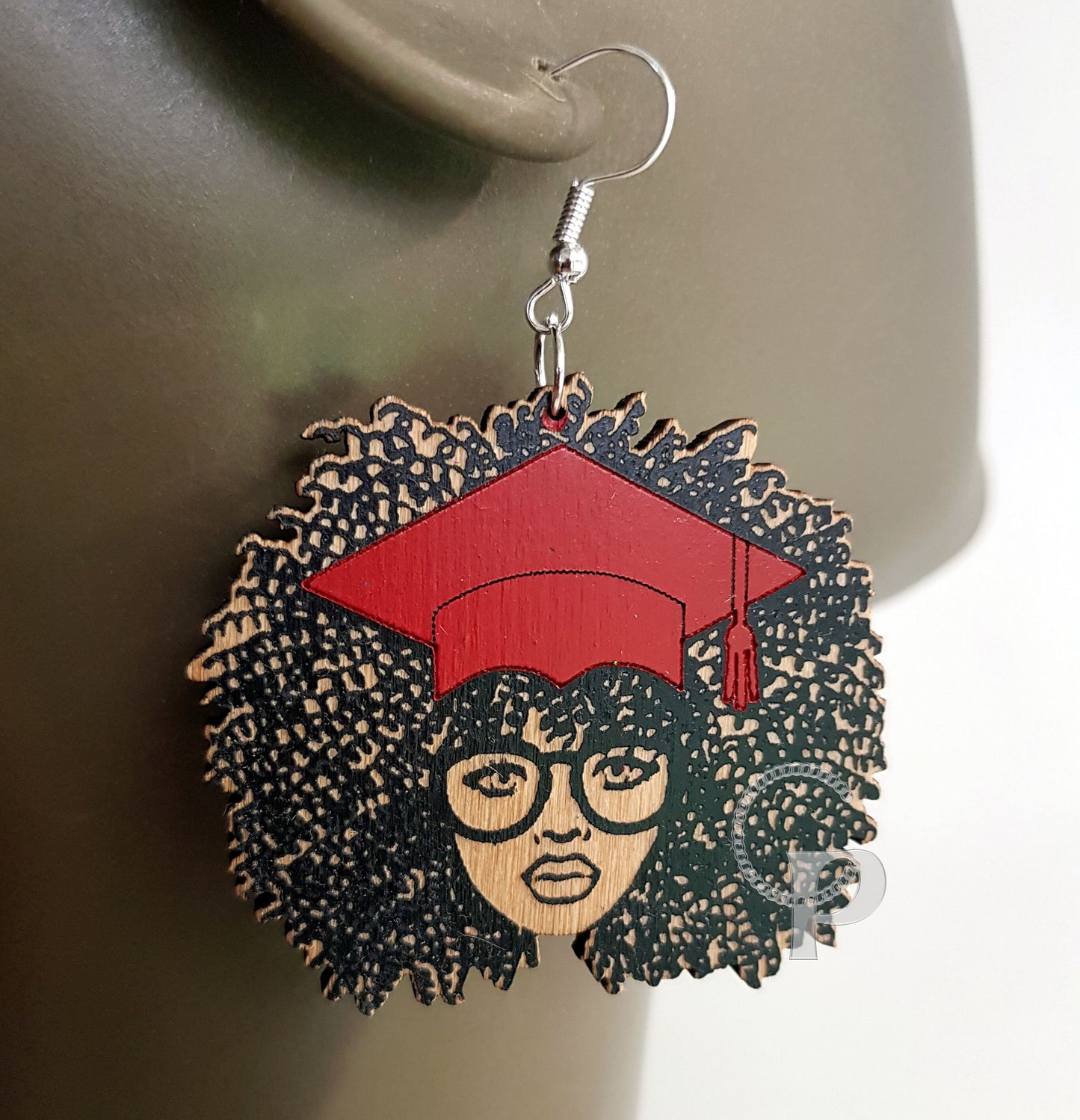 African earrings graduation gift Afro woman natural hair coils glasses cap student graduate