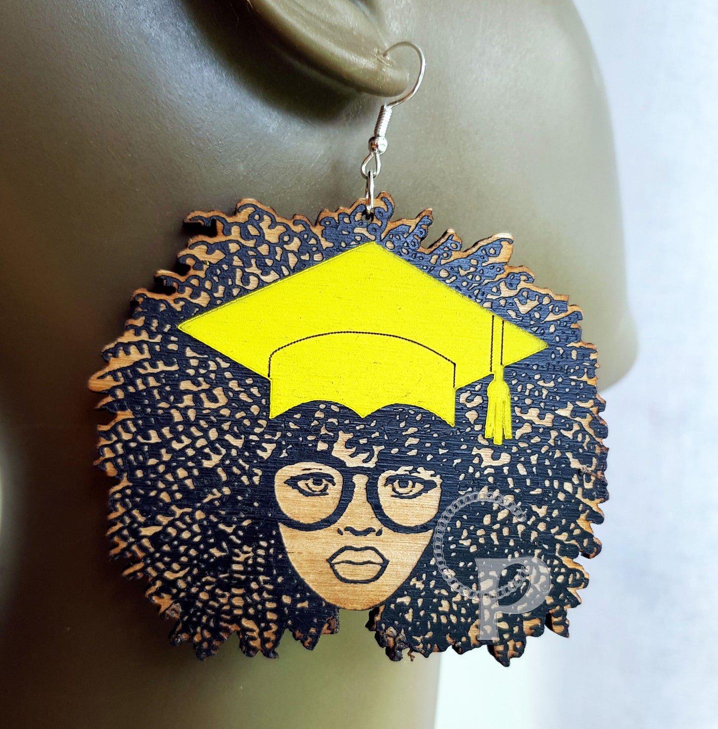 African earrings graduation gift Afro woman natural hair coils glasses cap student graduate