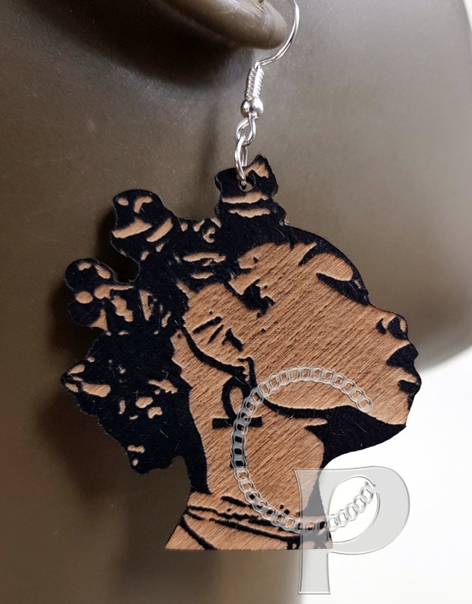 African wood earrings x 10 Afro silhouette wooden engraved natural hair Bantu Knots earrings black bulk buy wholesale offer