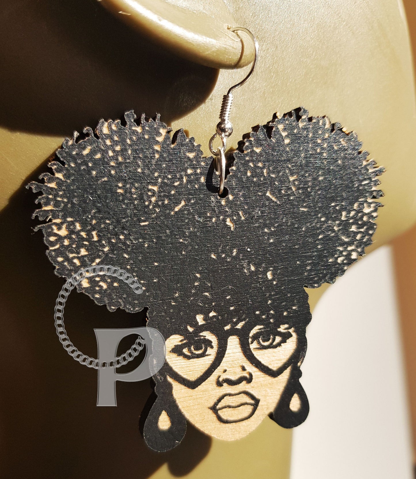 African wooden earrings woman Afro puff silhouette engraved natural hair coils glasses black