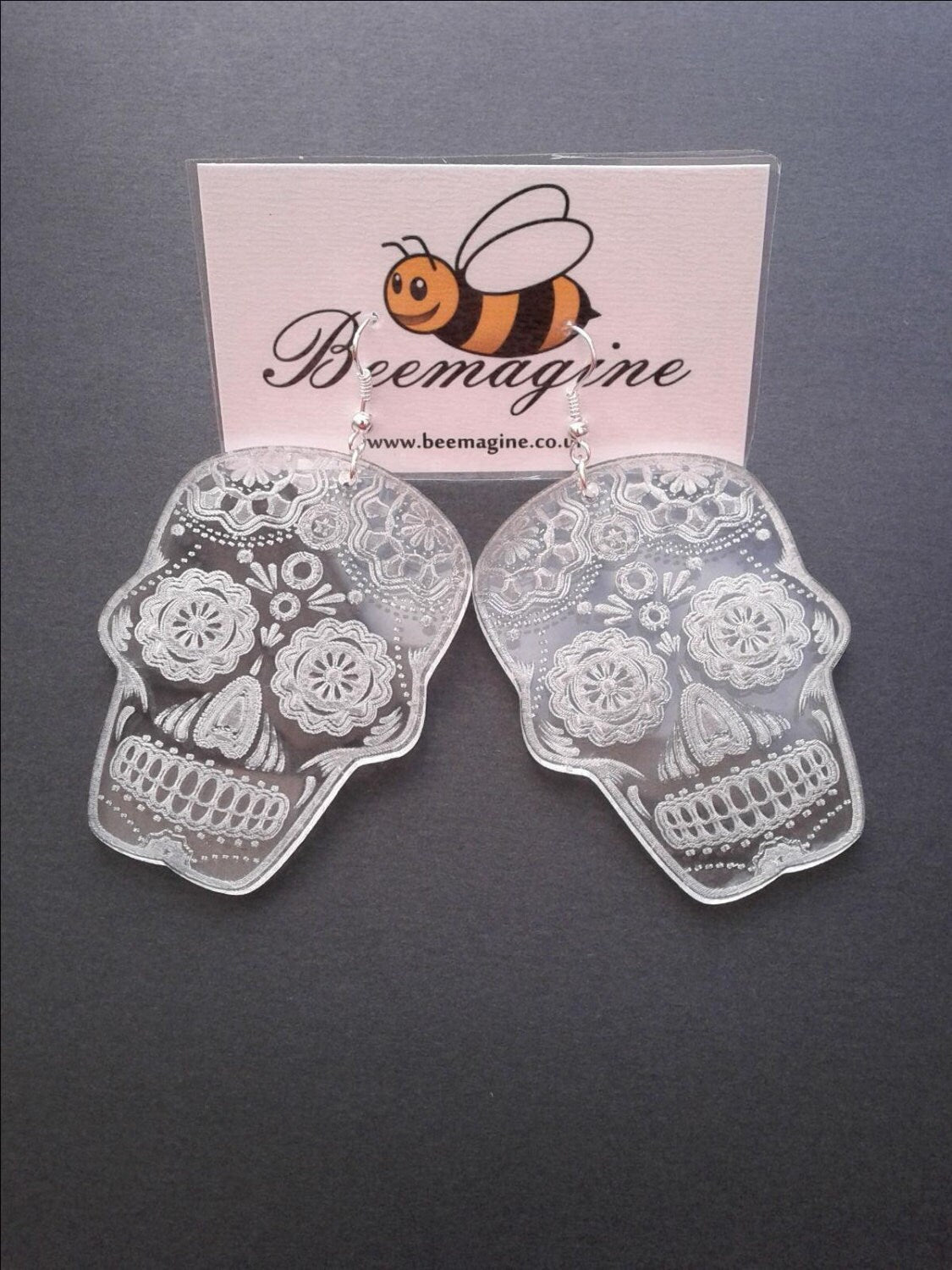 Laser cut and engraved clear acrylic earrings Sugar Skull, Dia de los Muertos