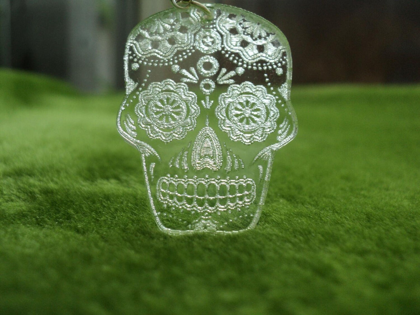 Laser cut and engraved clear acrylic earrings Sugar Skull, Dia de los Muertos