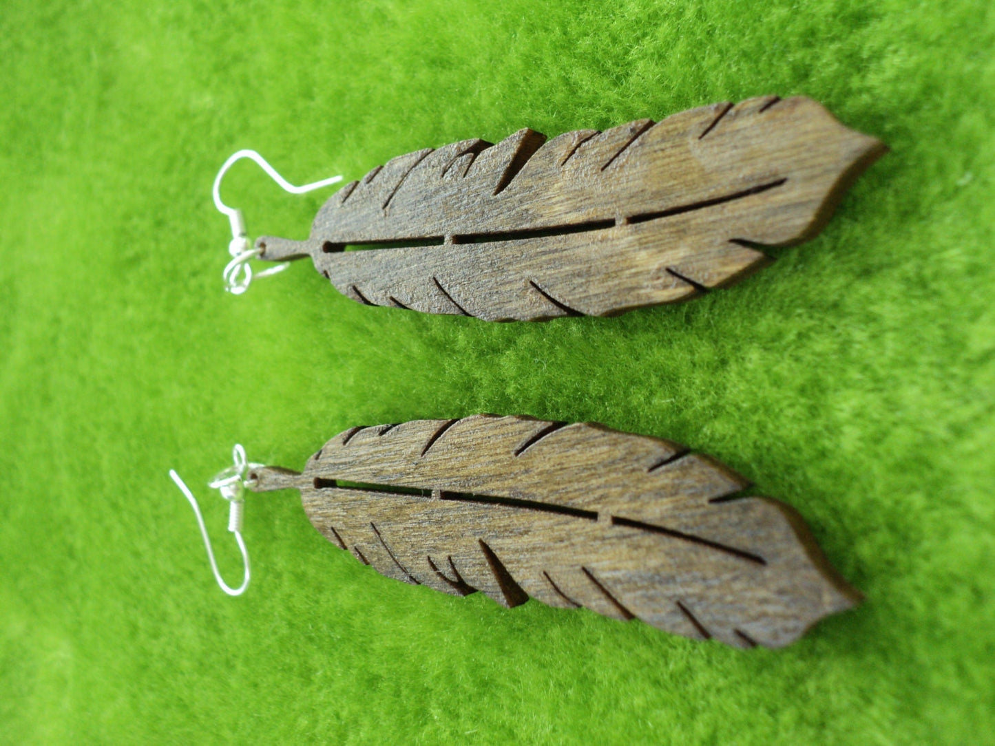 Laser cut wooden earrings feather shape in dark oak, ebony or mahogany