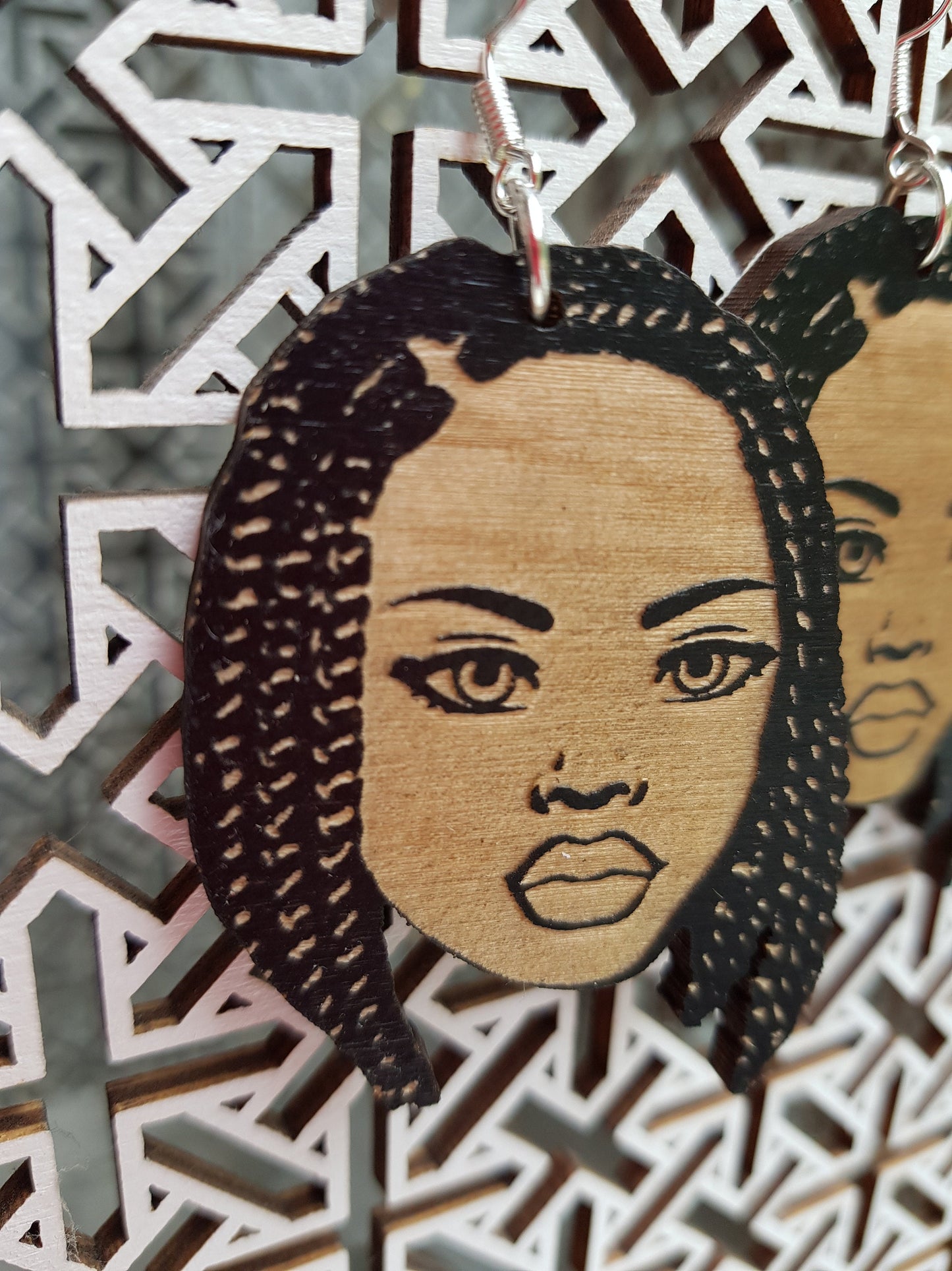 Earrings African woman wooden engraved Afro silhouette natural hair black braided bob