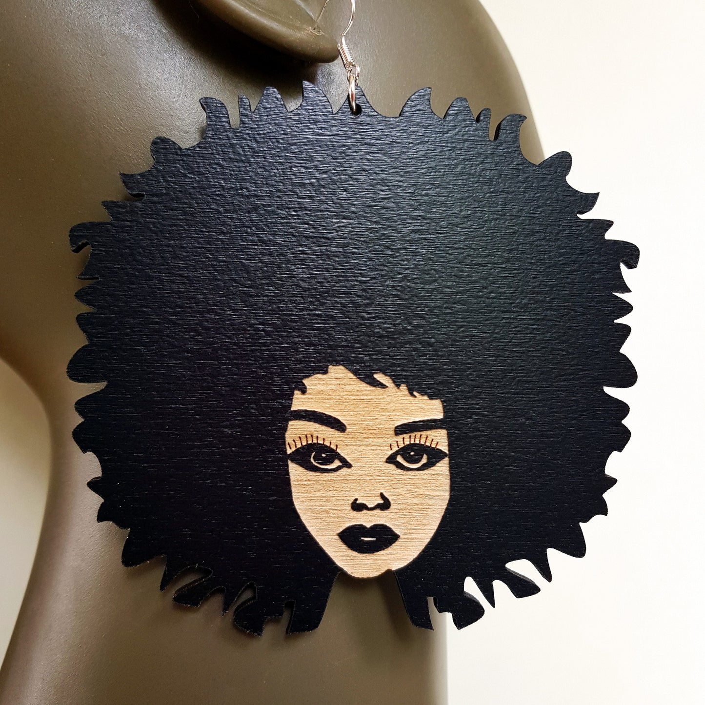 African earrings big Afro woman silhouette wooden engraved natural hair black