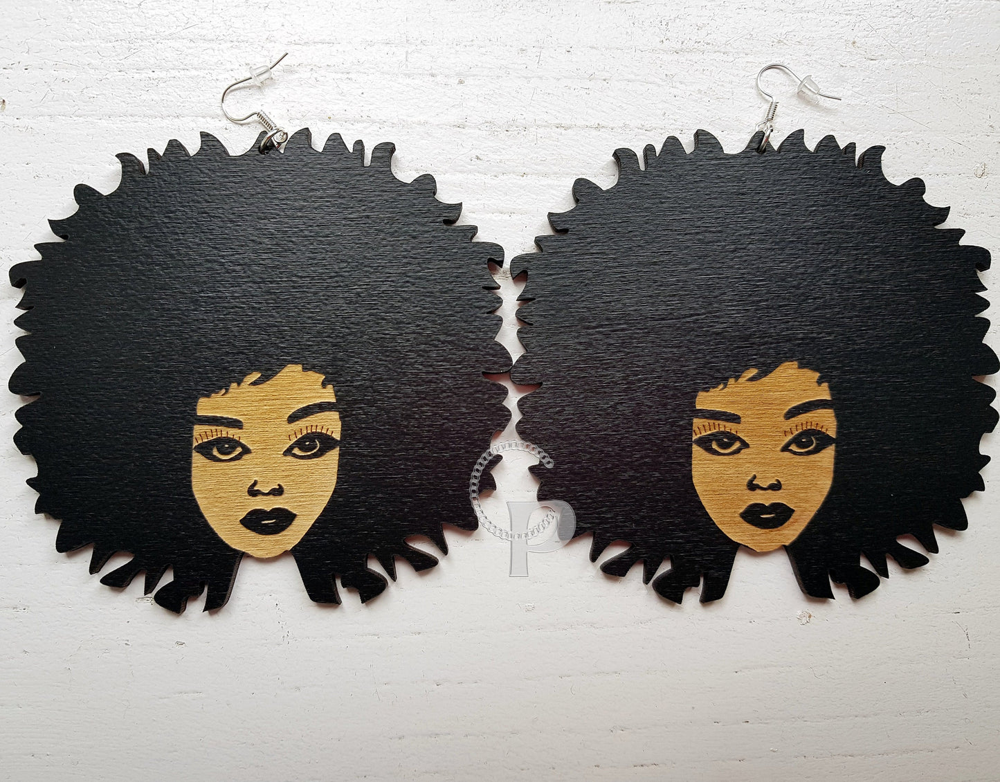 African earrings big Afro woman silhouette wooden engraved natural hair black