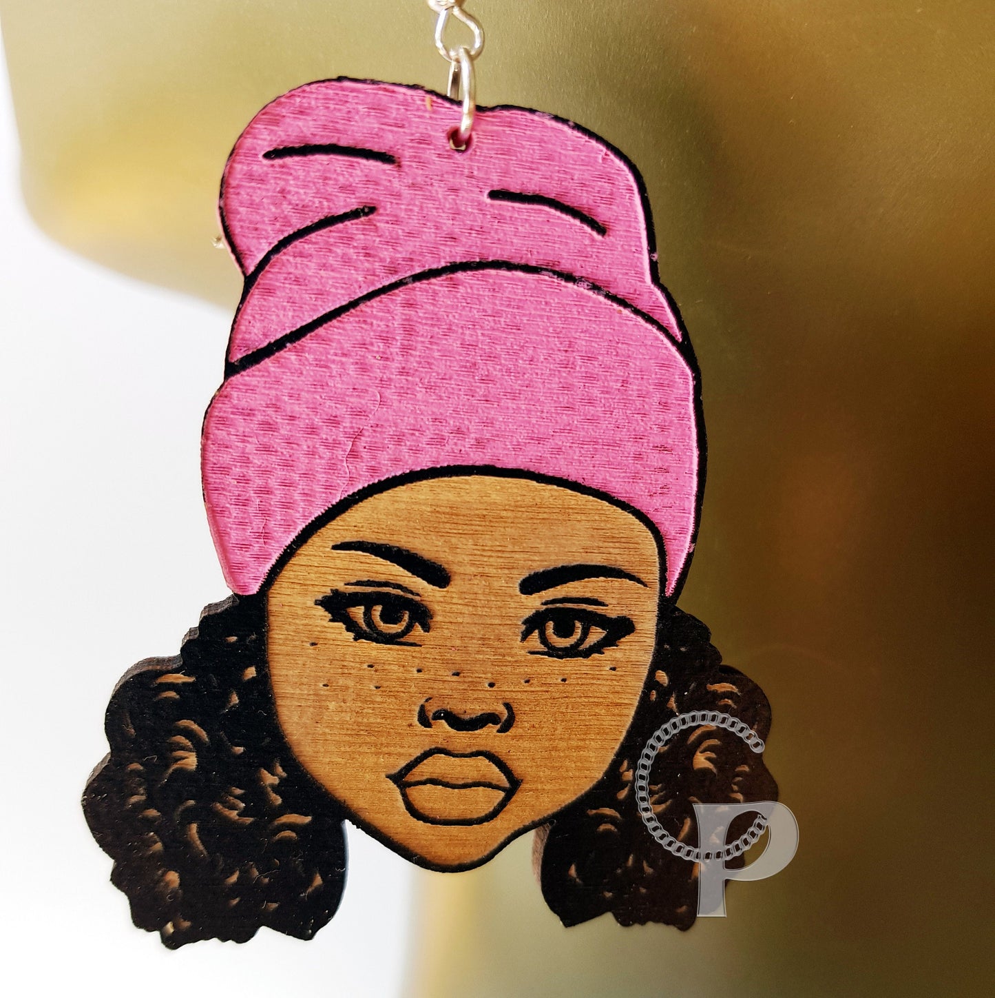 Wooden earrings black woman Afro silhouette wooden engraved natural hair girl with in a hat