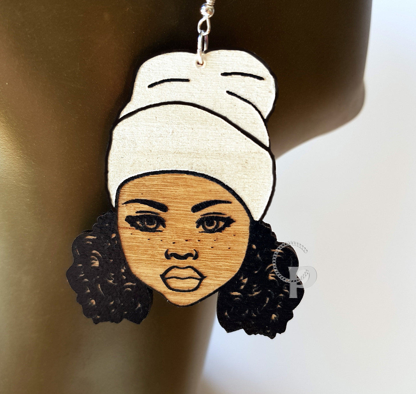 Wooden earrings black woman Afro silhouette wooden engraved natural hair girl with in a hat