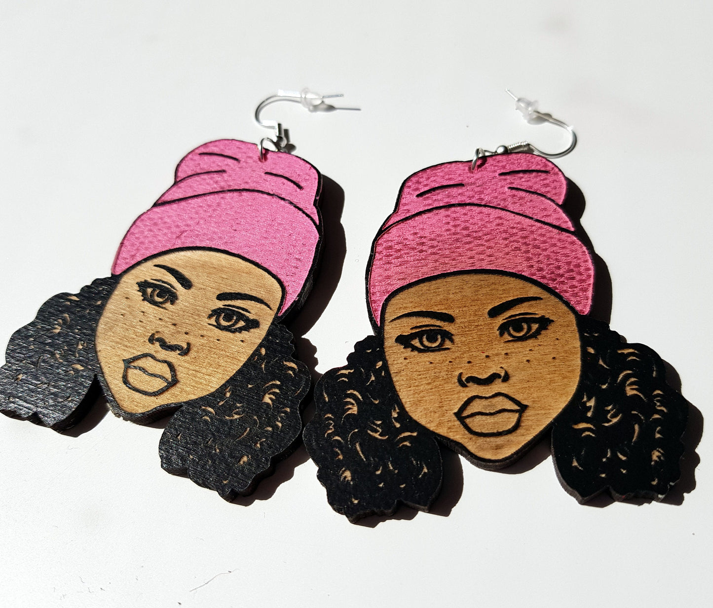 Wooden earrings black woman Afro silhouette wooden engraved natural hair girl with in a hat