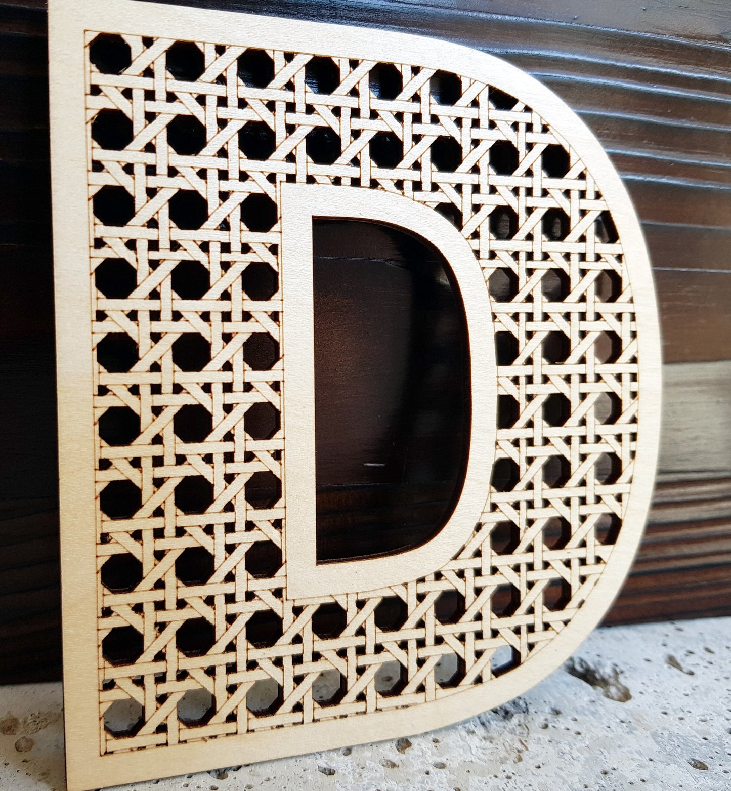 Wooden letter boho style rattan look cane like custom name wall decor