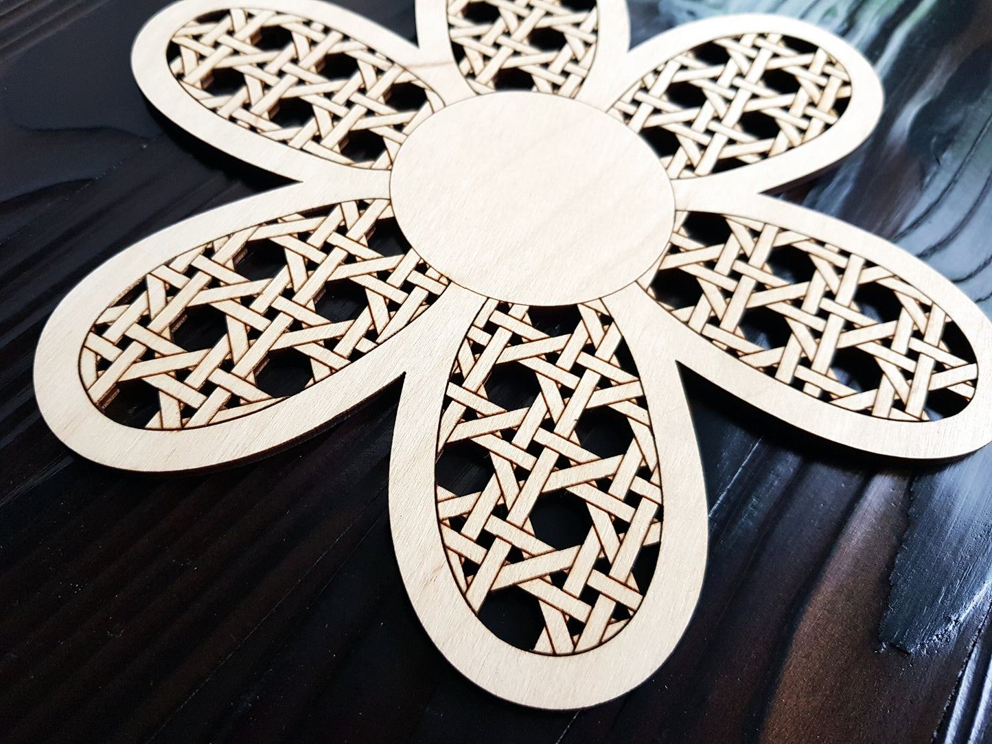 3 rattan flowers, wooden nursery boho decor wood plaque kids bedroom daisy nursery wall art boho wedding