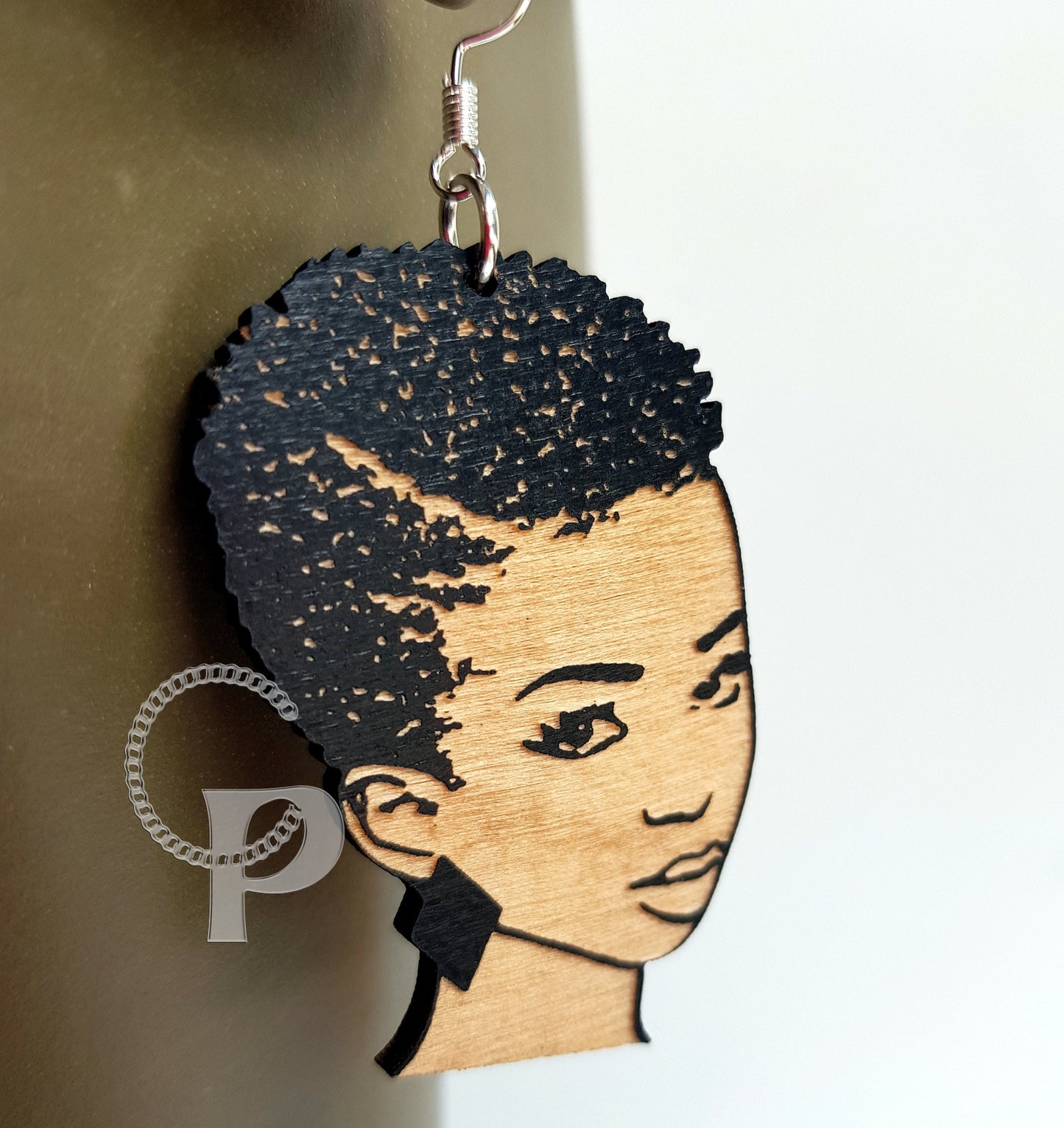 African woman Afro silhouette wooden engraved natural hair coils TWA earrings black