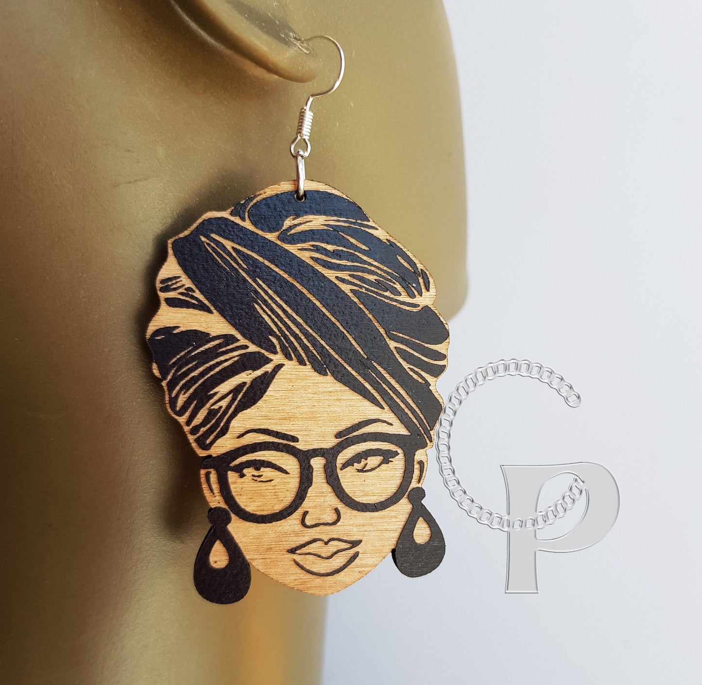 Wood African earrings Afrocentric natural hair turbanista silhouette head wrap black