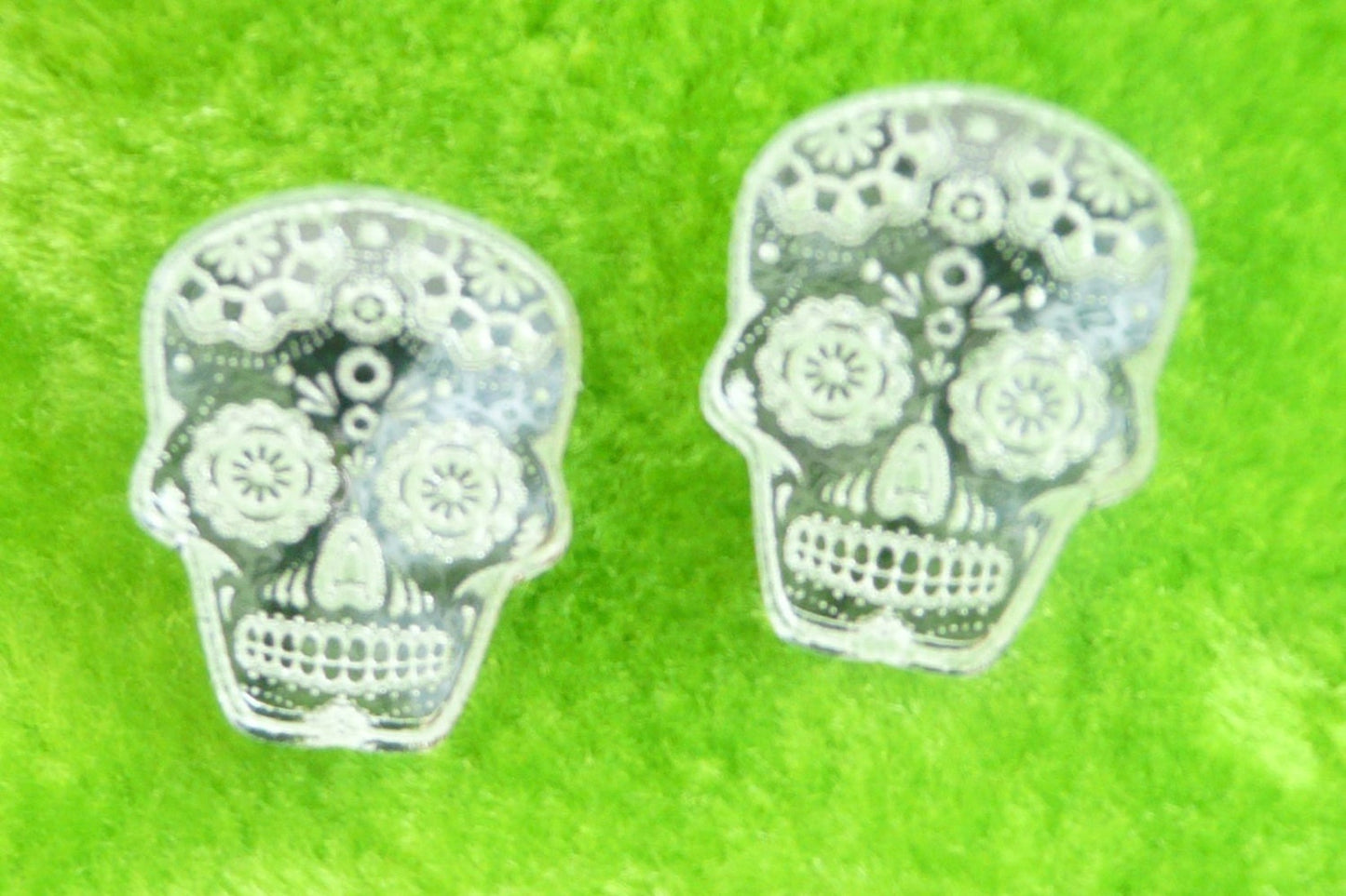 Mirror acrylic gold or silver stud earrings Sugar Skull, Dia de los Muertos