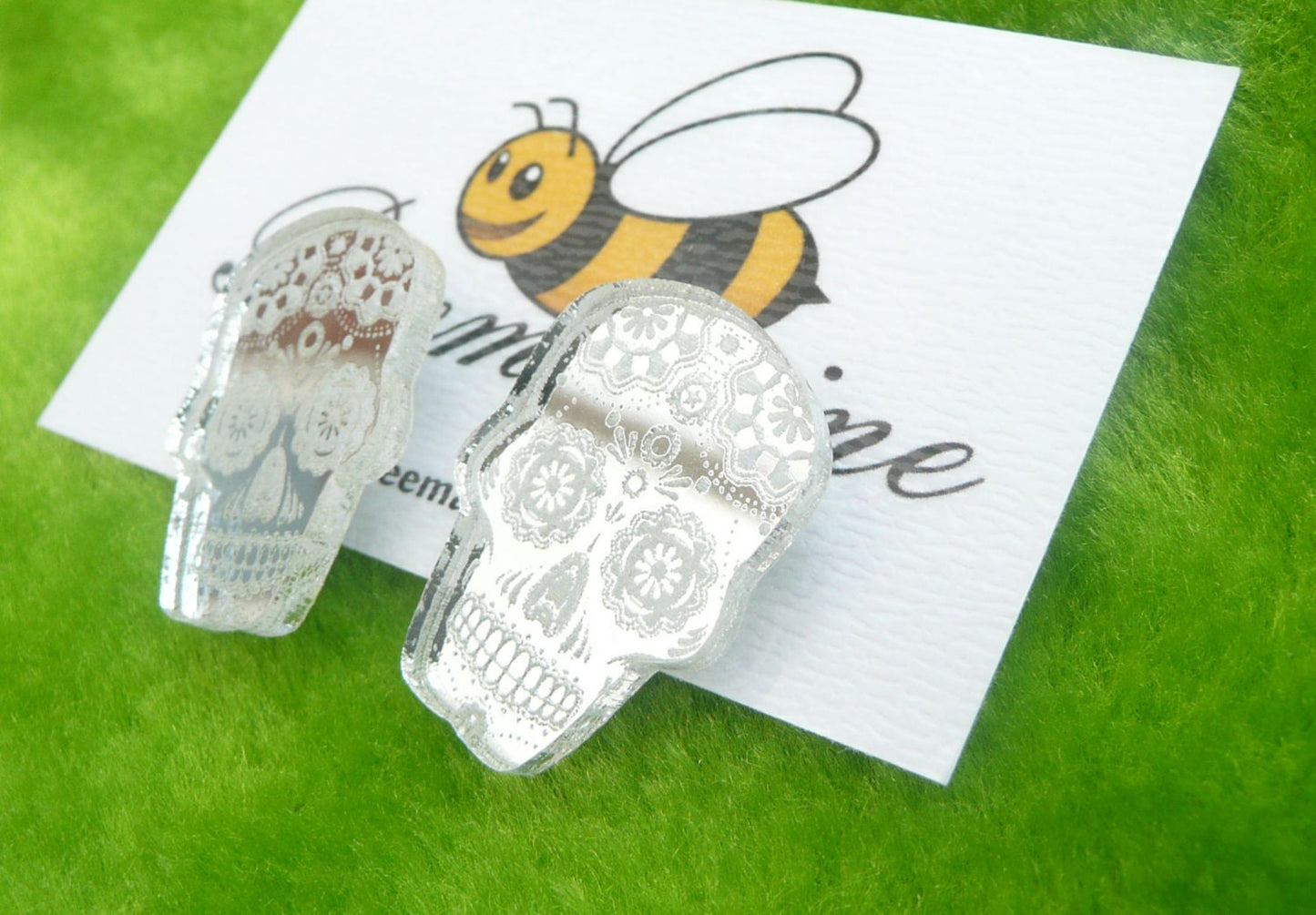 Mirror acrylic gold or silver stud earrings Sugar Skull, Dia de los Muertos