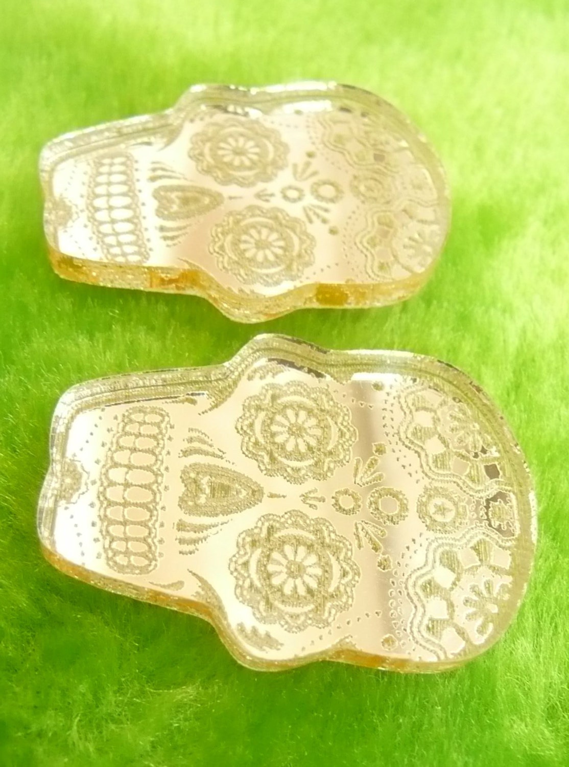 Mirror acrylic gold or silver stud earrings Sugar Skull, Dia de los Muertos