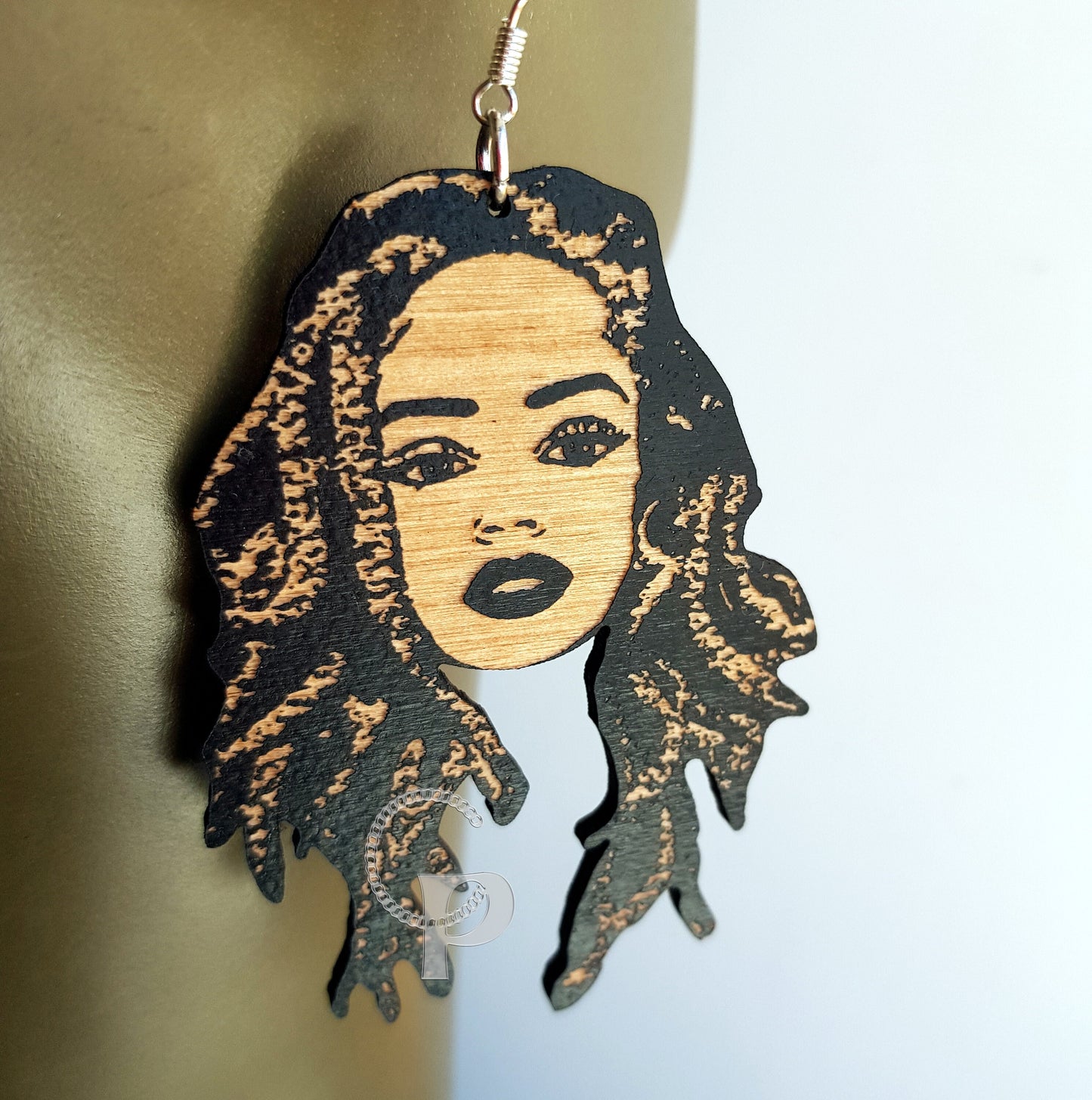 Earrings of African woman Locs silhouette made of wood and engraved with natural hair in black