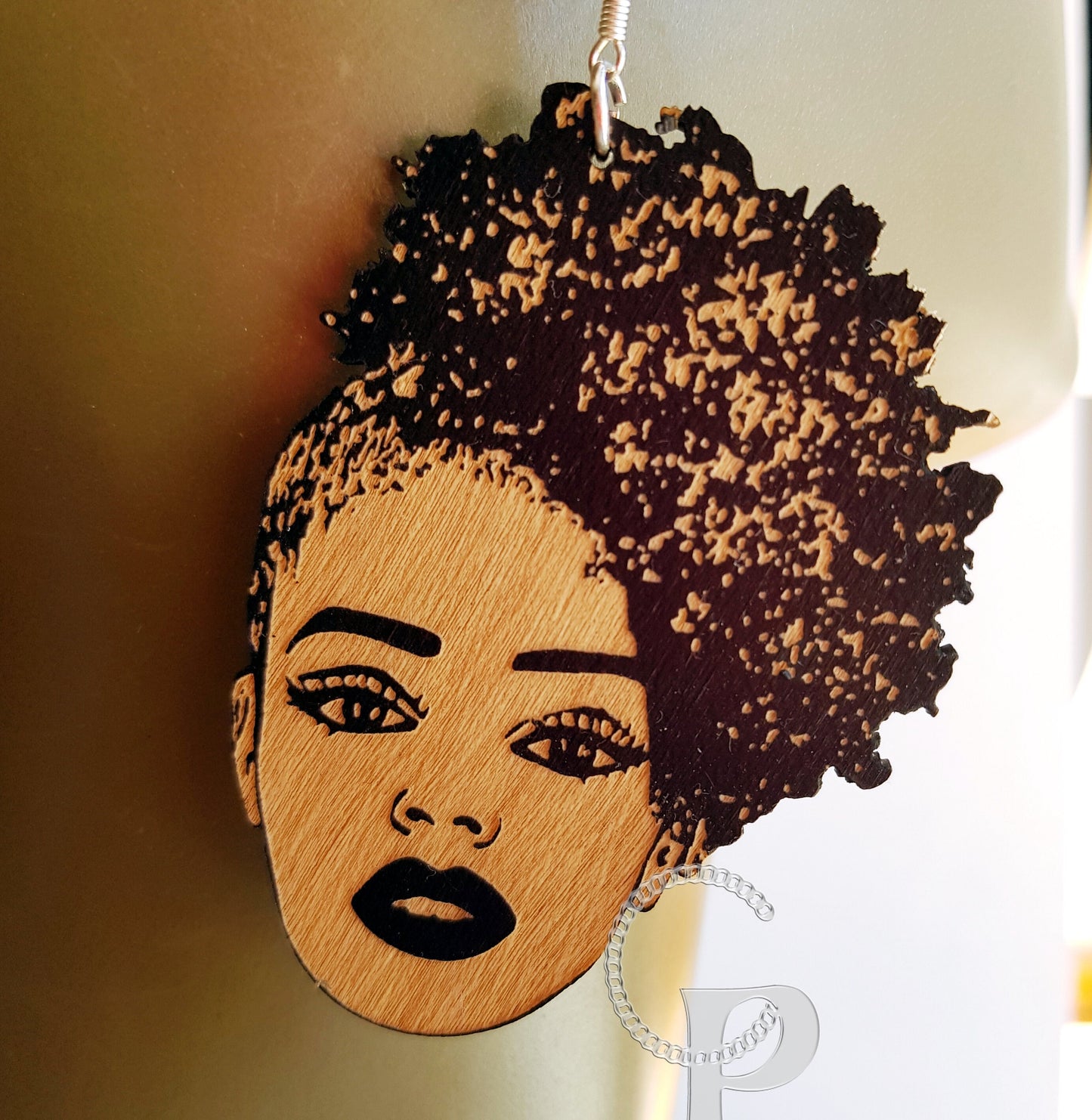 African woman Afro silhouette wooden engraved natural hair coils side updo earrings black