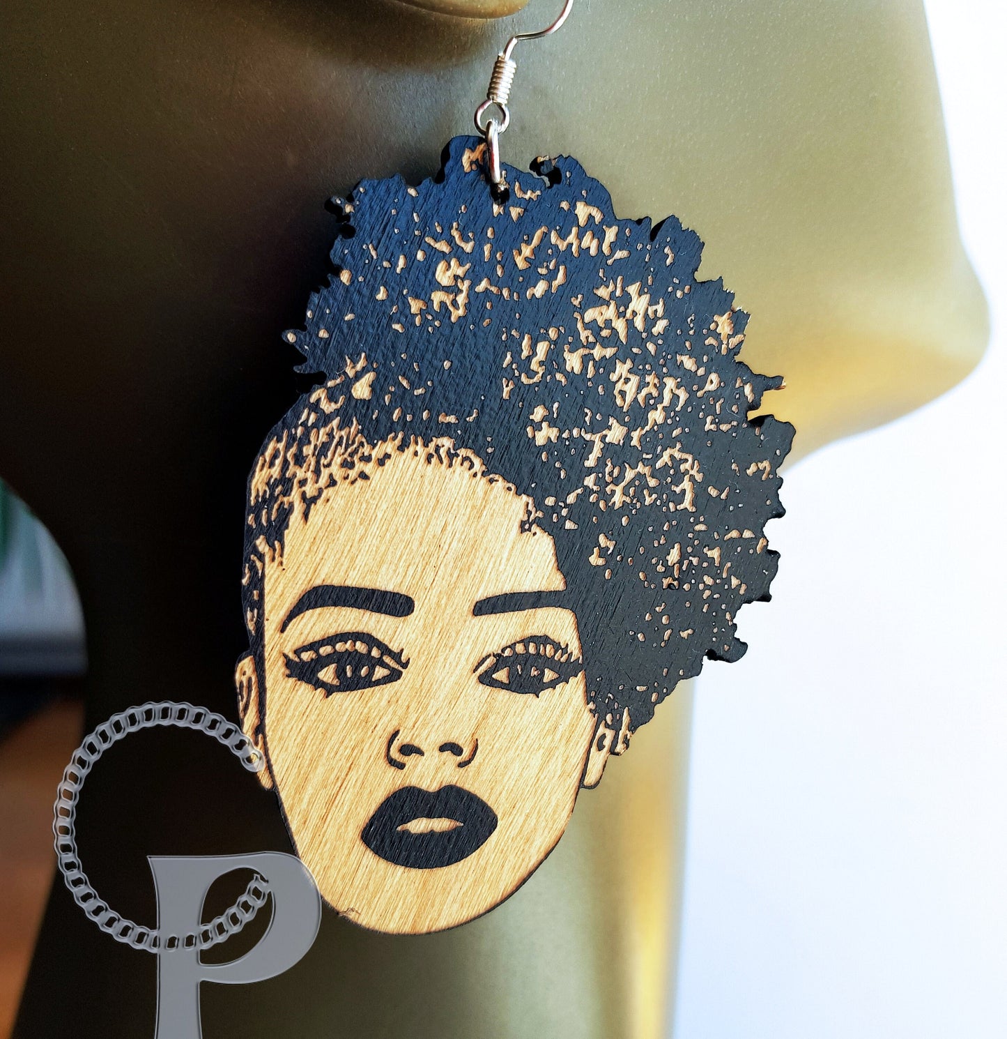 African woman Afro silhouette wooden engraved natural hair coils side updo earrings black