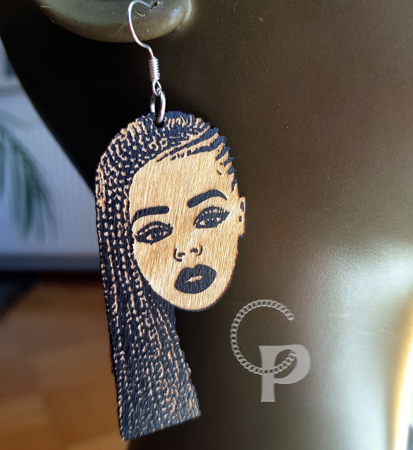 African earrings braids woman silhouette made of wood and engraved with natural hair in black