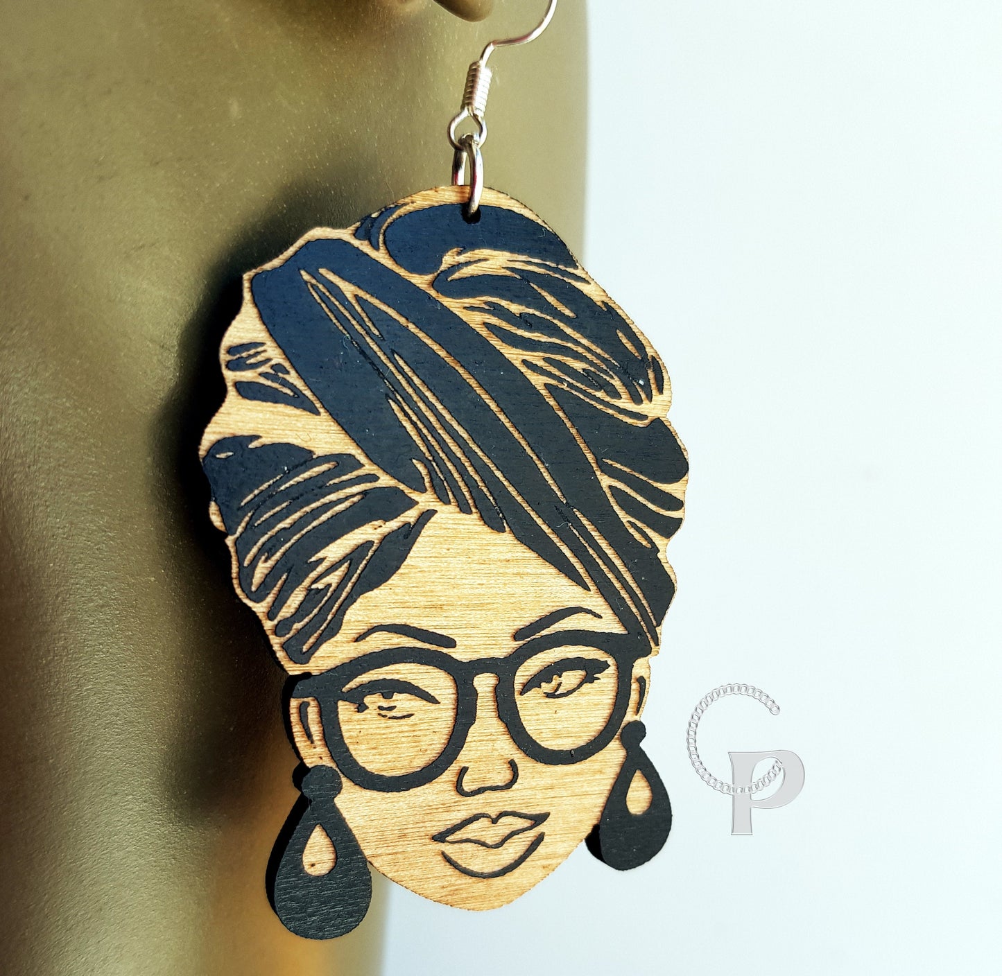 Wood African earrings Afrocentric natural hair turbanista silhouette head wrap black