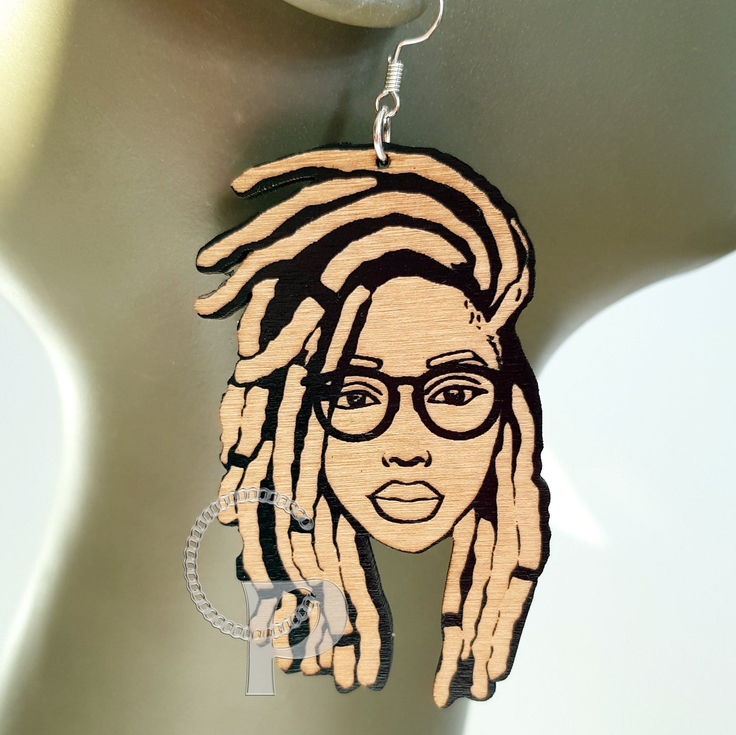 African earrings locs woman with glasess wooden and double sided Afrocentric jewelry with natural hair in black