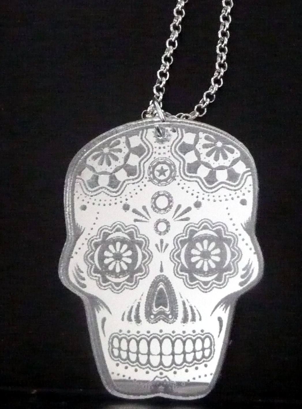 Laser cut and engraved clear acrylic or mirror Sugar Skull, Dia de los Muertos necklace