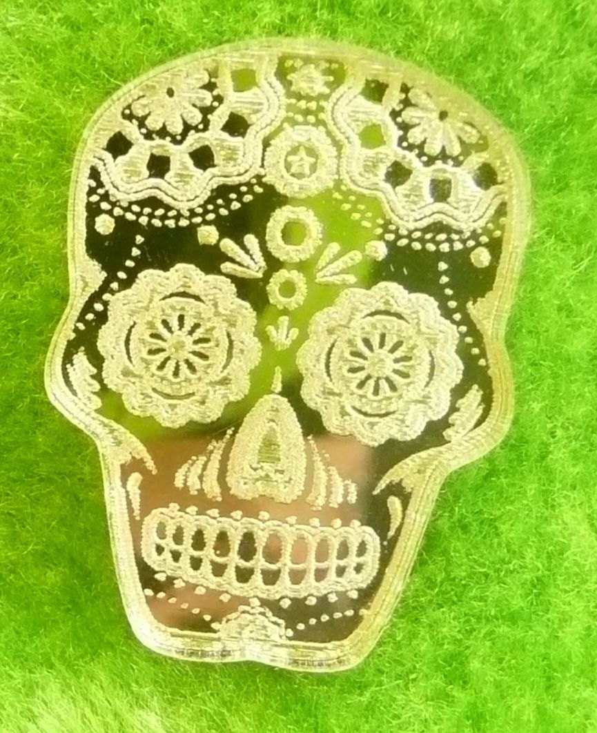 Laser cut and engraved clear acrylic or mirror Sugar Skull, Dia de los Muertos necklace