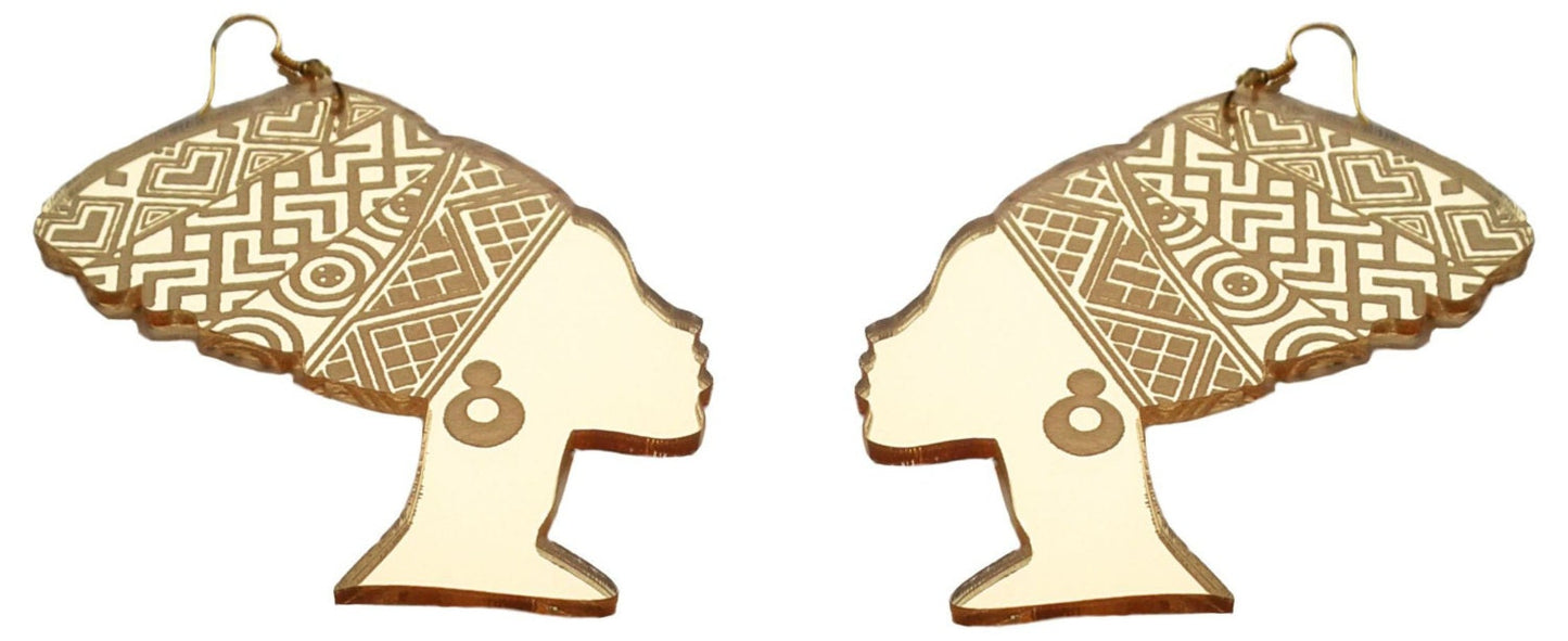 African woman head wrap silhouette gold or silver mirror acrylic earrings