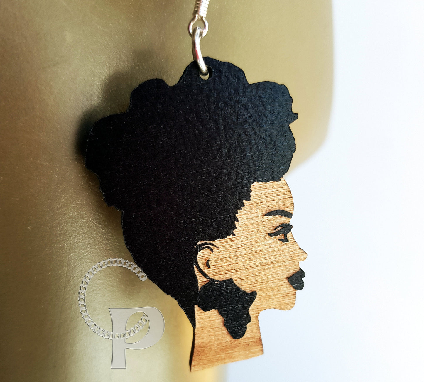 African wooden earrings Afro woman silhouette engraved natural hair locs ethnic jewelry