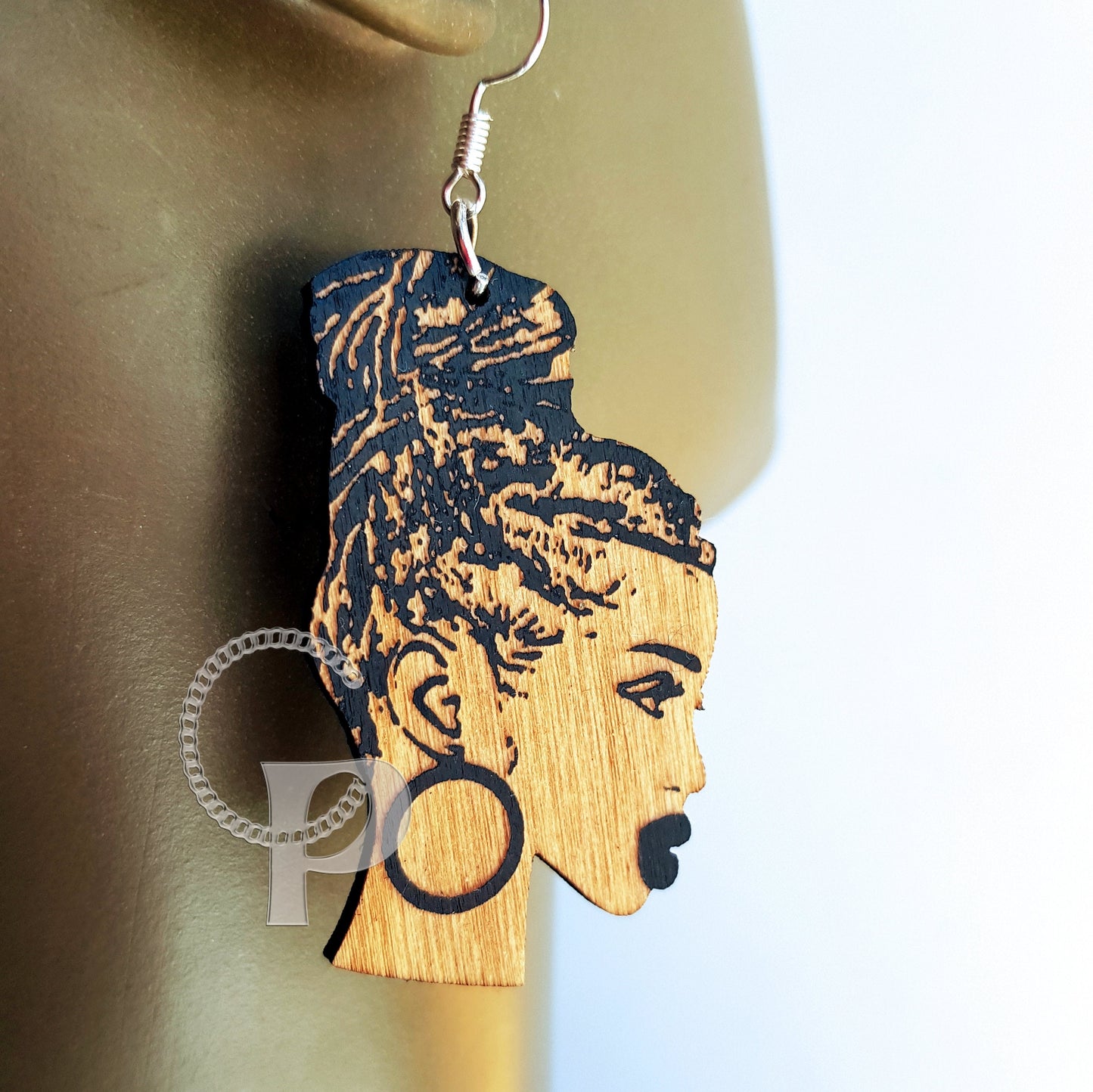 African wooden earrings Afro woman silhouette engraved natural hair locs ethnic jewelry